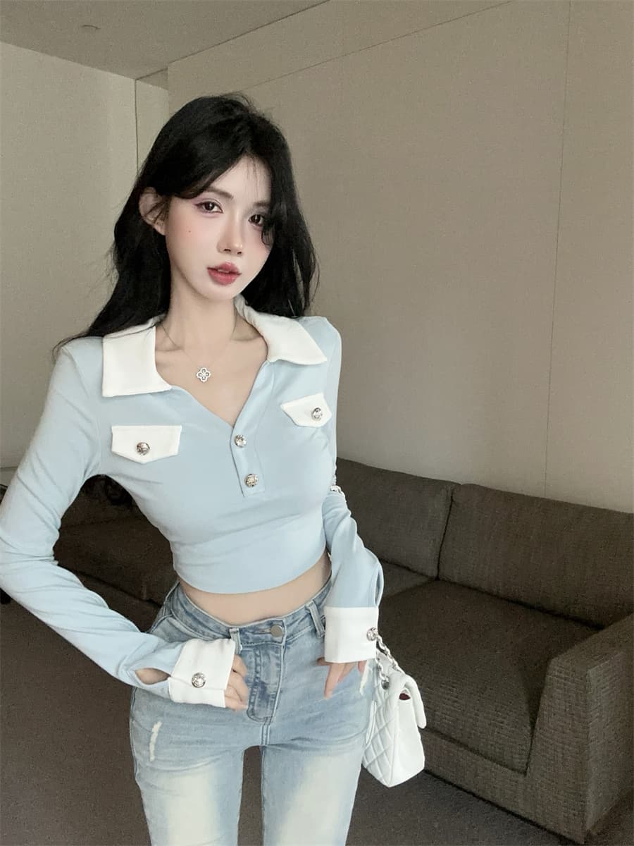 실사 정가 작은 샤넬 스타일 핫걸 디자인 센스 셔츠 칼라 배색 패치워크 몸매 가꾸기 슬림해 보이는 쇼트 스타일 V넥 맨위 여성 상세 이미지 9