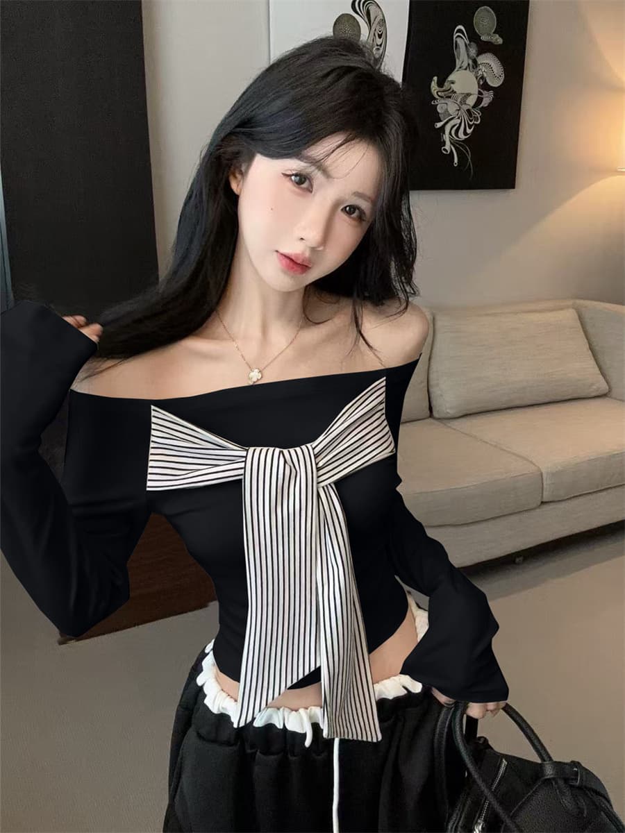 실사 정가 핫걸 레트로 디자인 센스 오프숄더 패치워크 백리스 스트라이프 스트랩 몸매 가꾸기 슬림해 보이는 맨위 여성 이미지 4