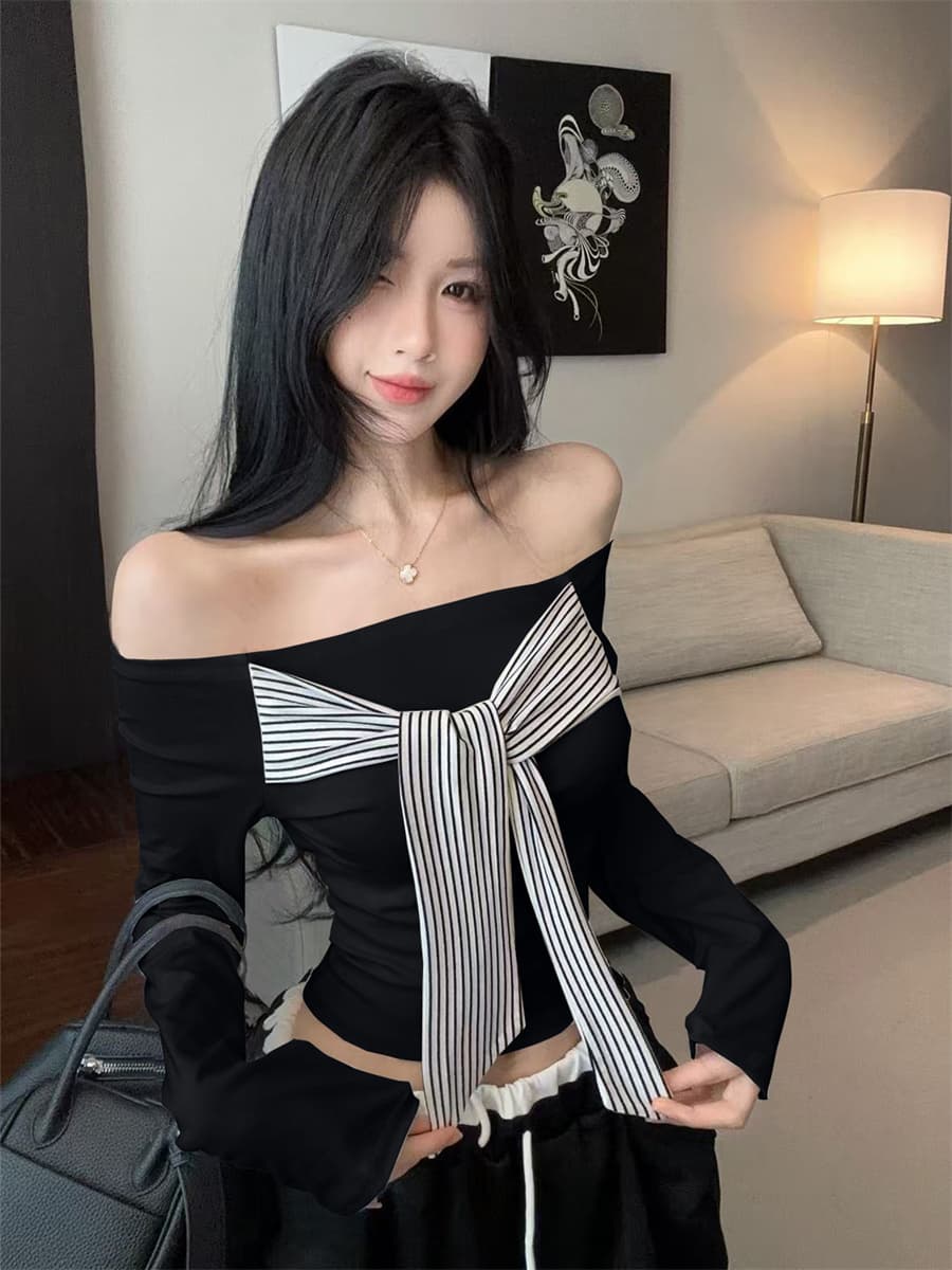 실사 정가 핫걸 레트로 디자인 센스 오프숄더 패치워크 백리스 스트라이프 스트랩 몸매 가꾸기 슬림해 보이는 맨위 여성 상세 이미지 6