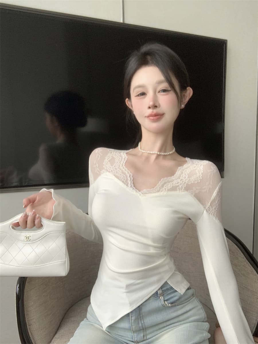 실사 정가 디자인 센스 핫걸 섹시함 홀로우 아웃 패치워크 레이스 불규칙 트임 몸매 가꾸기 슬림해 보이는 맨위 여성 상세 이미지 2