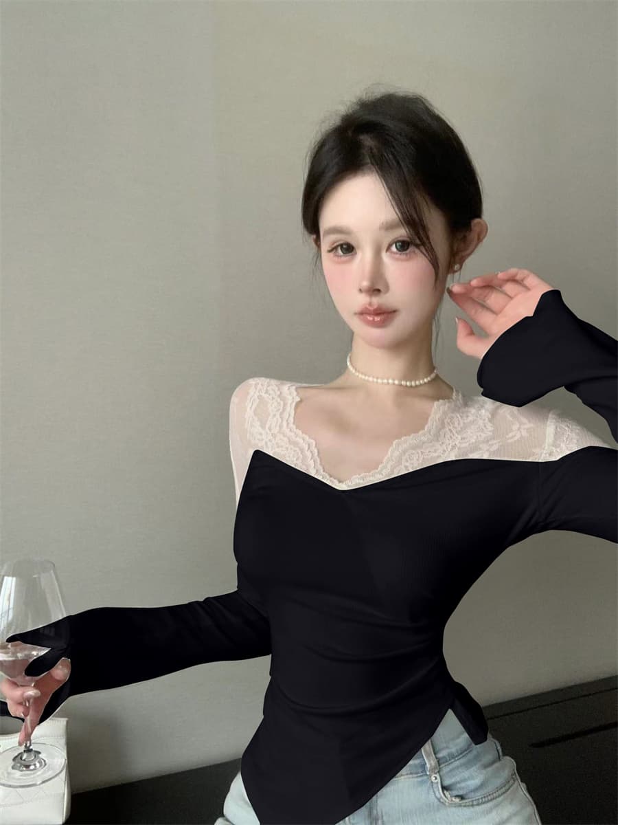 실사 정가 디자인 센스 핫걸 섹시함 홀로우 아웃 패치워크 레이스 불규칙 트임 몸매 가꾸기 슬림해 보이는 맨위 여성 상세 이미지 4