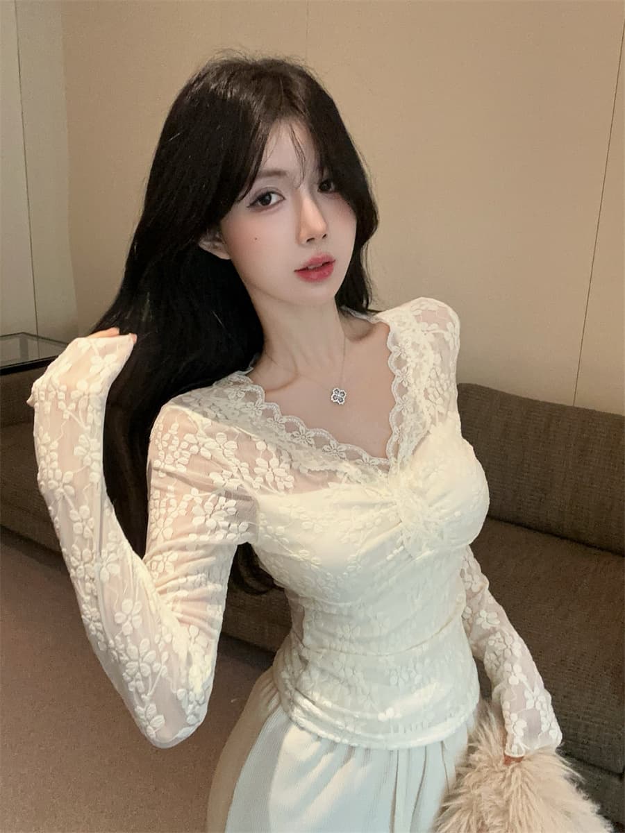 실사 정가 부드러운 순수한 욕망 레이스 V넥 홀로우 아웃 섹시함 레이스 몸매 가꾸기 슬림해 보이는 긴팔 인사이드 잡아라. 의류 상세 이미지 2