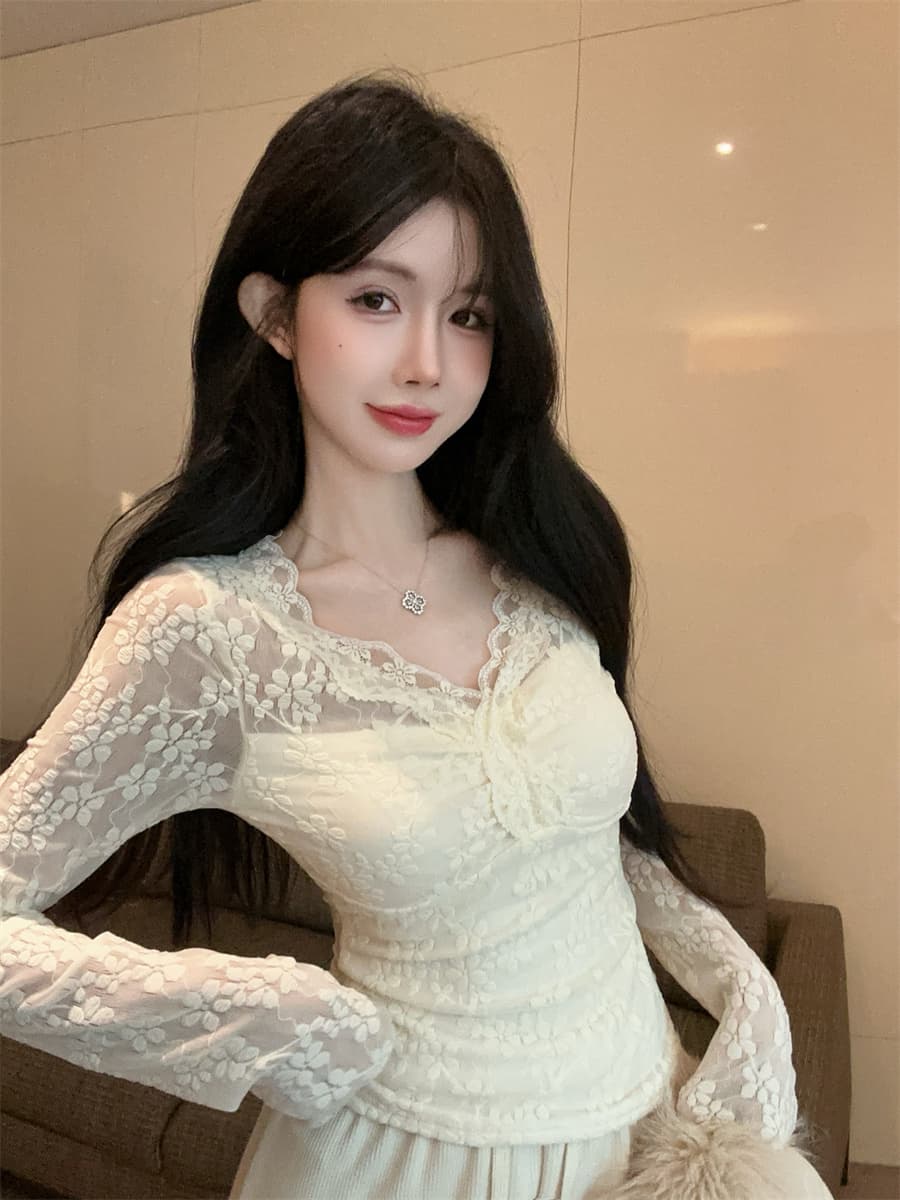 실사 정가 부드러운 순수한 욕망 레이스 V넥 홀로우 아웃 섹시함 레이스 몸매 가꾸기 슬림해 보이는 긴팔 인사이드 잡아라. 의류 상세 이미지 11