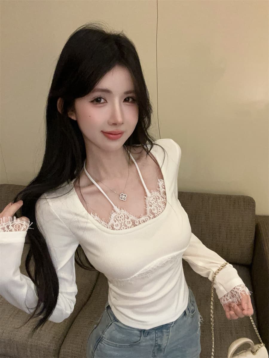 실사 정가 순수한 욕망 핫걸 레이스 측면 패치워크 행침 목 슬림해 보이는 페이크 레이어드 인사이드 가져 가라. 만나는 티셔츠 여성 상세 이미지 1