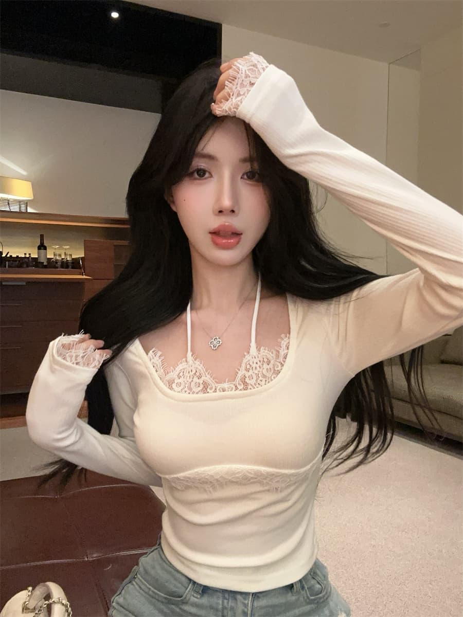 실사 정가 순수한 욕망 핫걸 레이스 측면 패치워크 행침 목 슬림해 보이는 페이크 레이어드 인사이드 가져 가라. 만나는 티셔츠 여성 상세 이미지 3