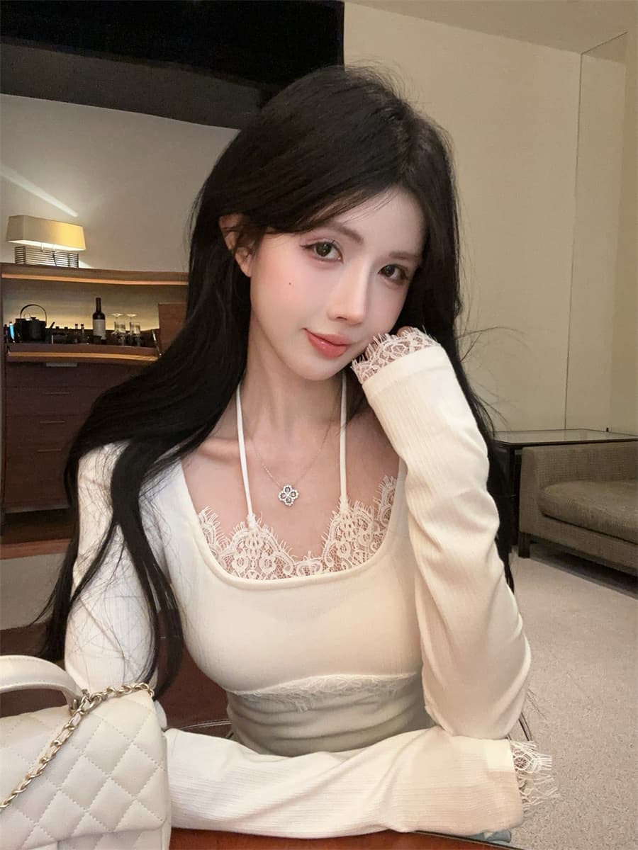 실사 정가 순수한 욕망 핫걸 레이스 측면 패치워크 행침 목 슬림해 보이는 페이크 레이어드 인사이드 가져 가라. 만나는 티셔츠 여성 상세 이미지 4