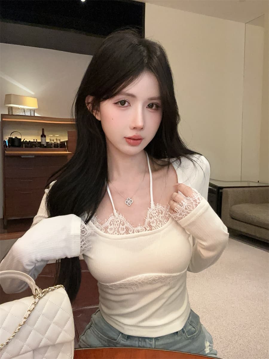 실사 정가 순수한 욕망 핫걸 레이스 측면 패치워크 행침 목 슬림해 보이는 페이크 레이어드 인사이드 가져 가라. 만나는 티셔츠 여성 상세 이미지 5