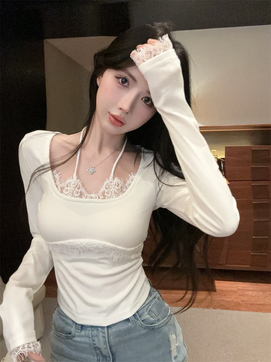 실사 정가 순수한 욕망 핫걸 레이스 측면 패치워크 행침 목 슬림해 보이는 페이크 레이어드 인사이드 가져 가라. 만나는 티셔츠 여성 상세 이미지 6