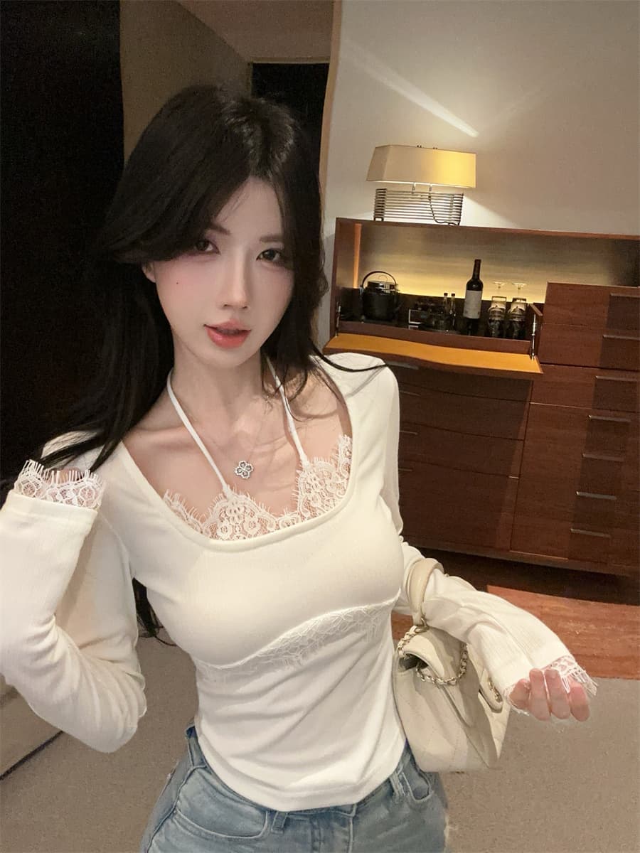 실사 정가 순수한 욕망 핫걸 레이스 측면 패치워크 행침 목 슬림해 보이는 페이크 레이어드 인사이드 가져 가라. 만나는 티셔츠 여성 상세 이미지 7