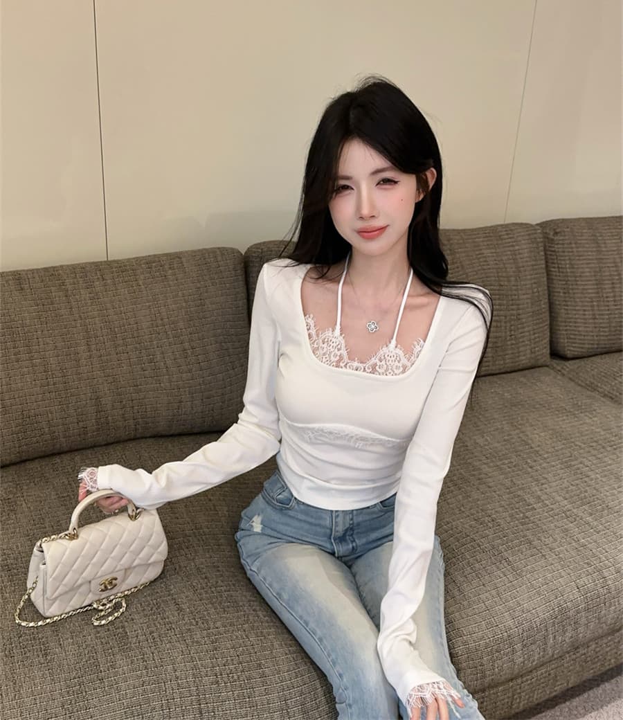 실사 정가 순수한 욕망 핫걸 레이스 측면 패치워크 행침 목 슬림해 보이는 페이크 레이어드 인사이드 가져 가라. 만나는 티셔츠 여성 상세 이미지 9