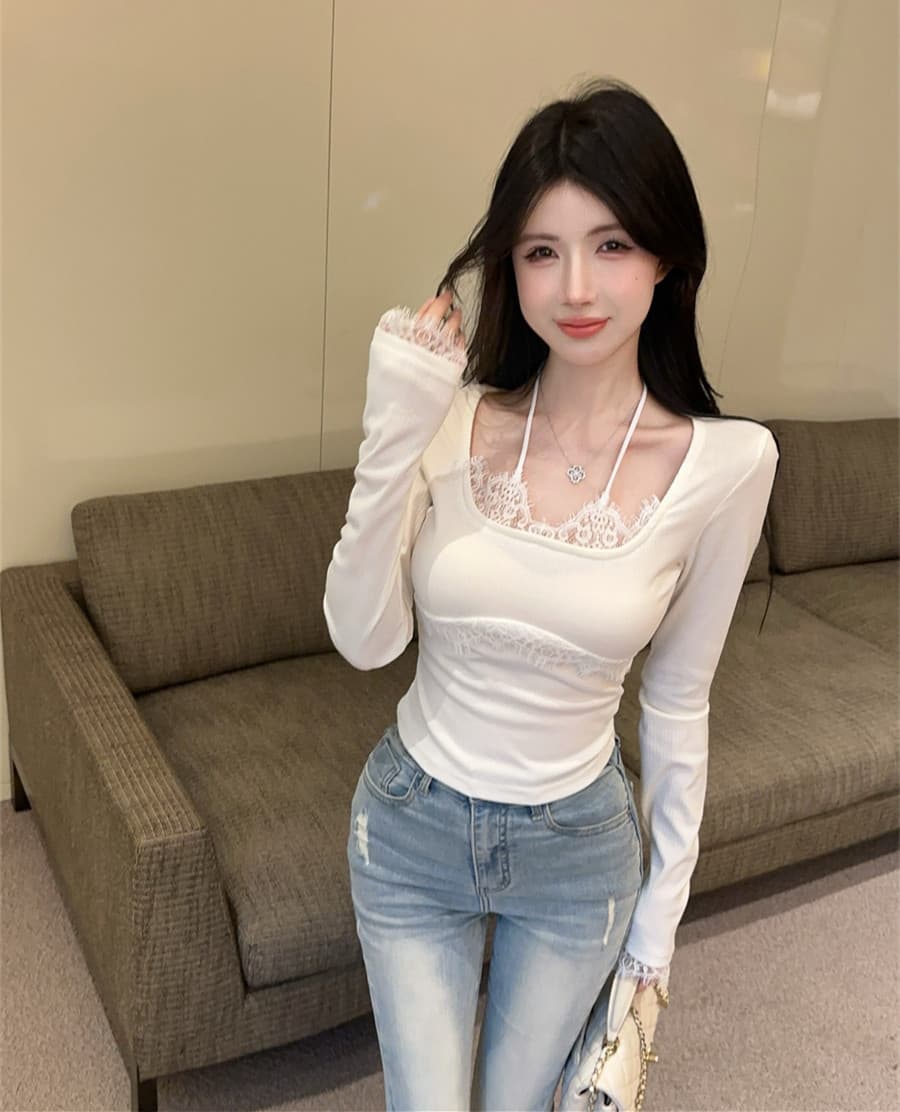실사 정가 순수한 욕망 핫걸 레이스 측면 패치워크 행침 목 슬림해 보이는 페이크 레이어드 인사이드 가져 가라. 만나는 티셔츠 여성 상세 이미지 11