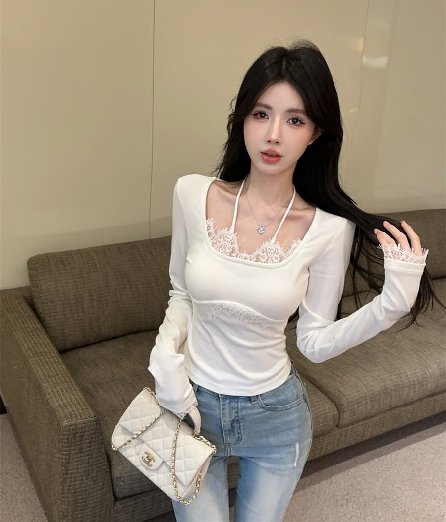실사 정가 순수한 욕망 핫걸 레이스 측면 패치워크 행침 목 슬림해 보이는 페이크 레이어드 인사이드 가져 가라. 만나는 티셔츠 여성 상세 이미지 12