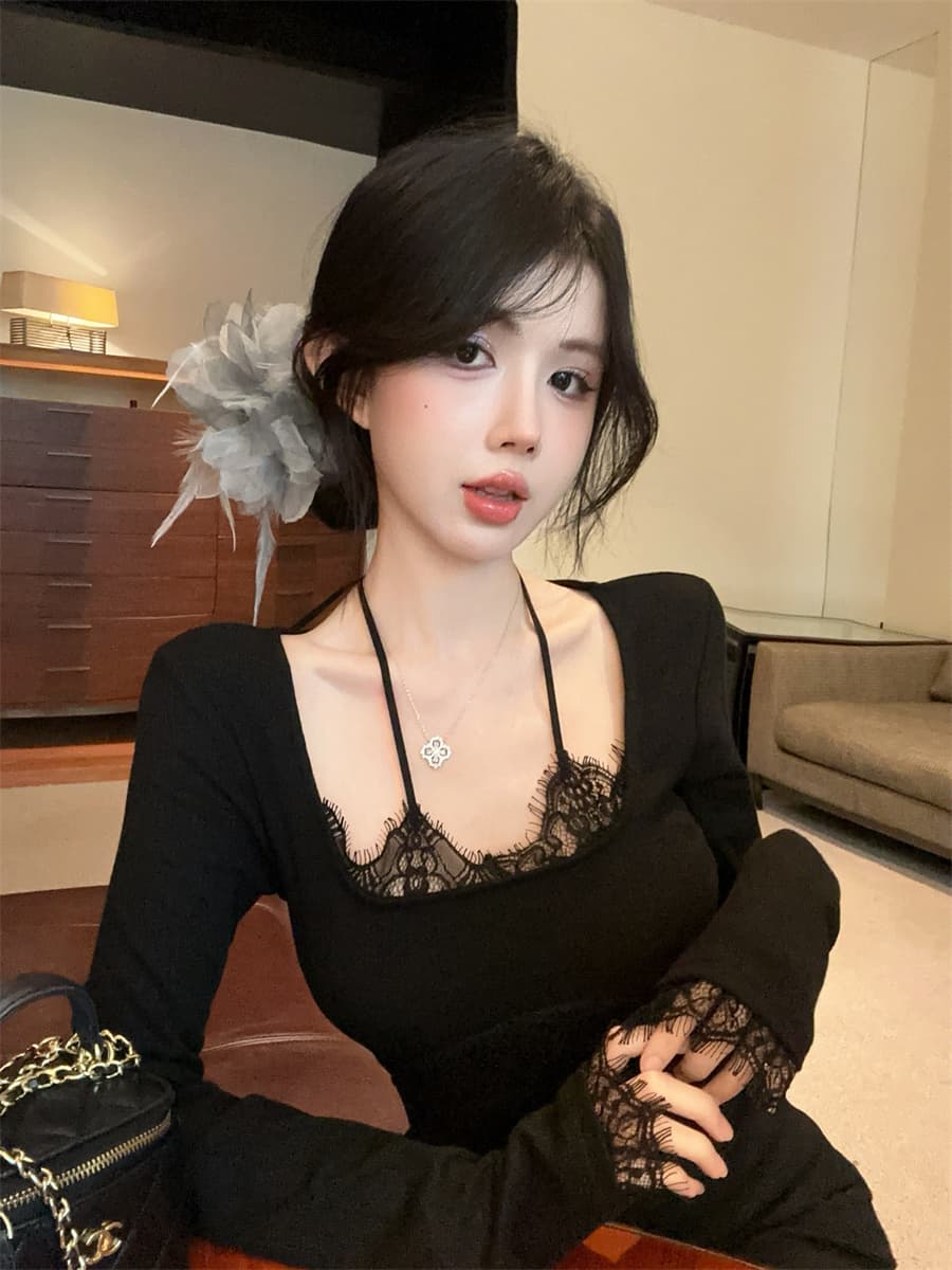실사 정가 순수한 욕망 핫걸 레이스 측면 패치워크 행침 목 슬림해 보이는 페이크 레이어드 인사이드 가져 가라. 만나는 티셔츠 여성 상세 이미지 13