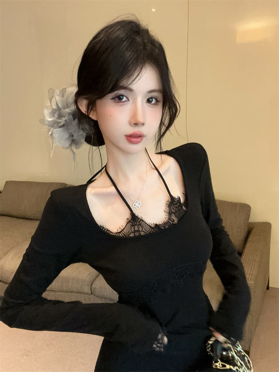 실사 정가 순수한 욕망 핫걸 레이스 측면 패치워크 행침 목 슬림해 보이는 페이크 레이어드 인사이드 가져 가라. 만나는 티셔츠 여성 상세 이미지 16