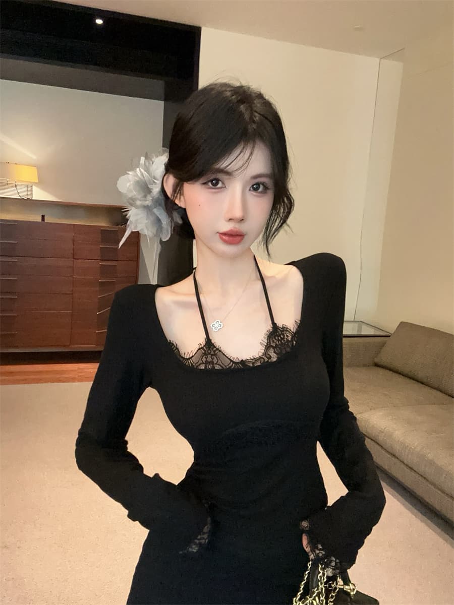 실사 정가 순수한 욕망 핫걸 레이스 측면 패치워크 행침 목 슬림해 보이는 페이크 레이어드 인사이드 가져 가라. 만나는 티셔츠 여성 상세 이미지 21