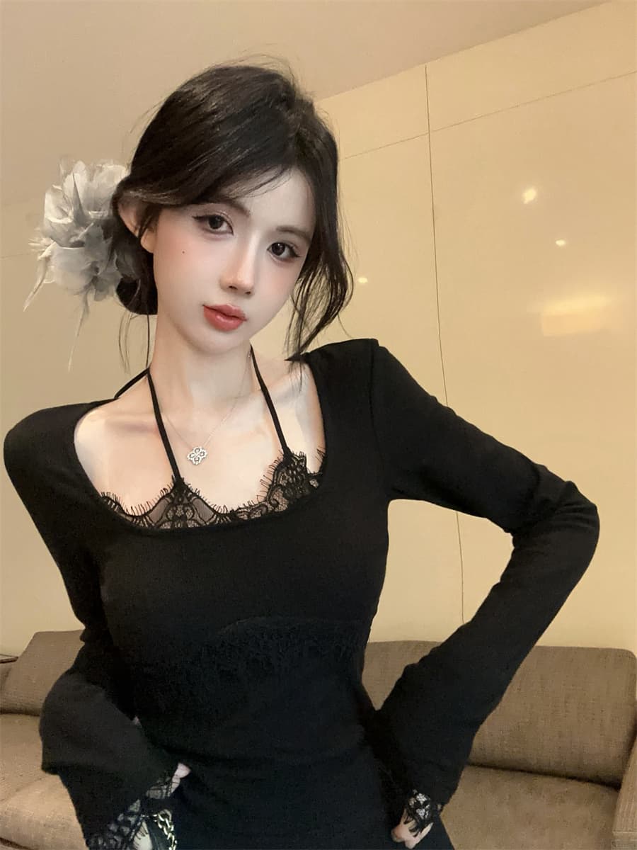 실사 정가 순수한 욕망 핫걸 레이스 측면 패치워크 행침 목 슬림해 보이는 페이크 레이어드 인사이드 가져 가라. 만나는 티셔츠 여성 상세 이미지 24