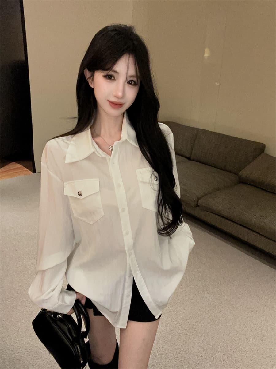 실사 정가 순수한 욕망 더블 주머니 패션 품격 POLO 칼라 주간 실크 코튼 루즈핏 다용도 셔츠 여성 상세 이미지 1