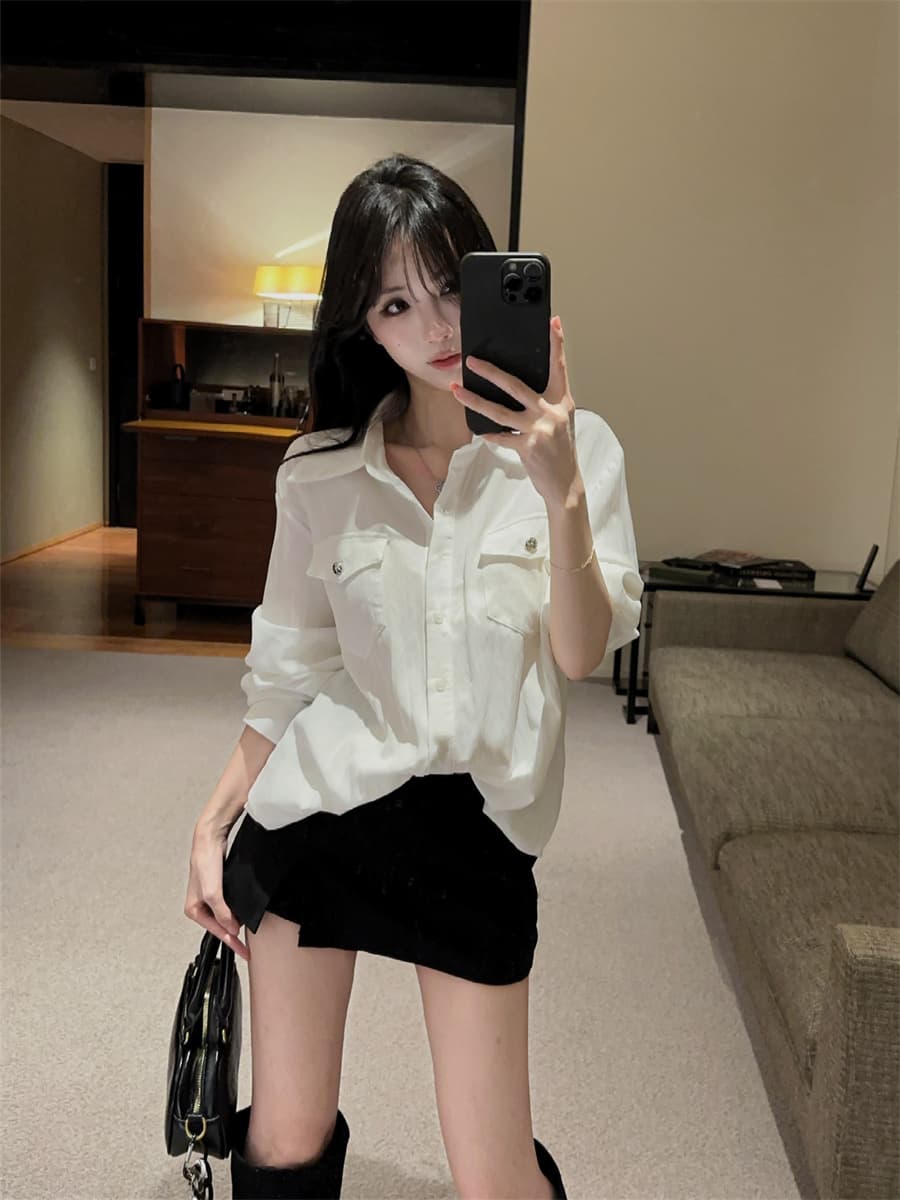 실사 정가 순수한 욕망 더블 주머니 패션 품격 POLO 칼라 주간 실크 코튼 루즈핏 다용도 셔츠 여성 상세 이미지 2