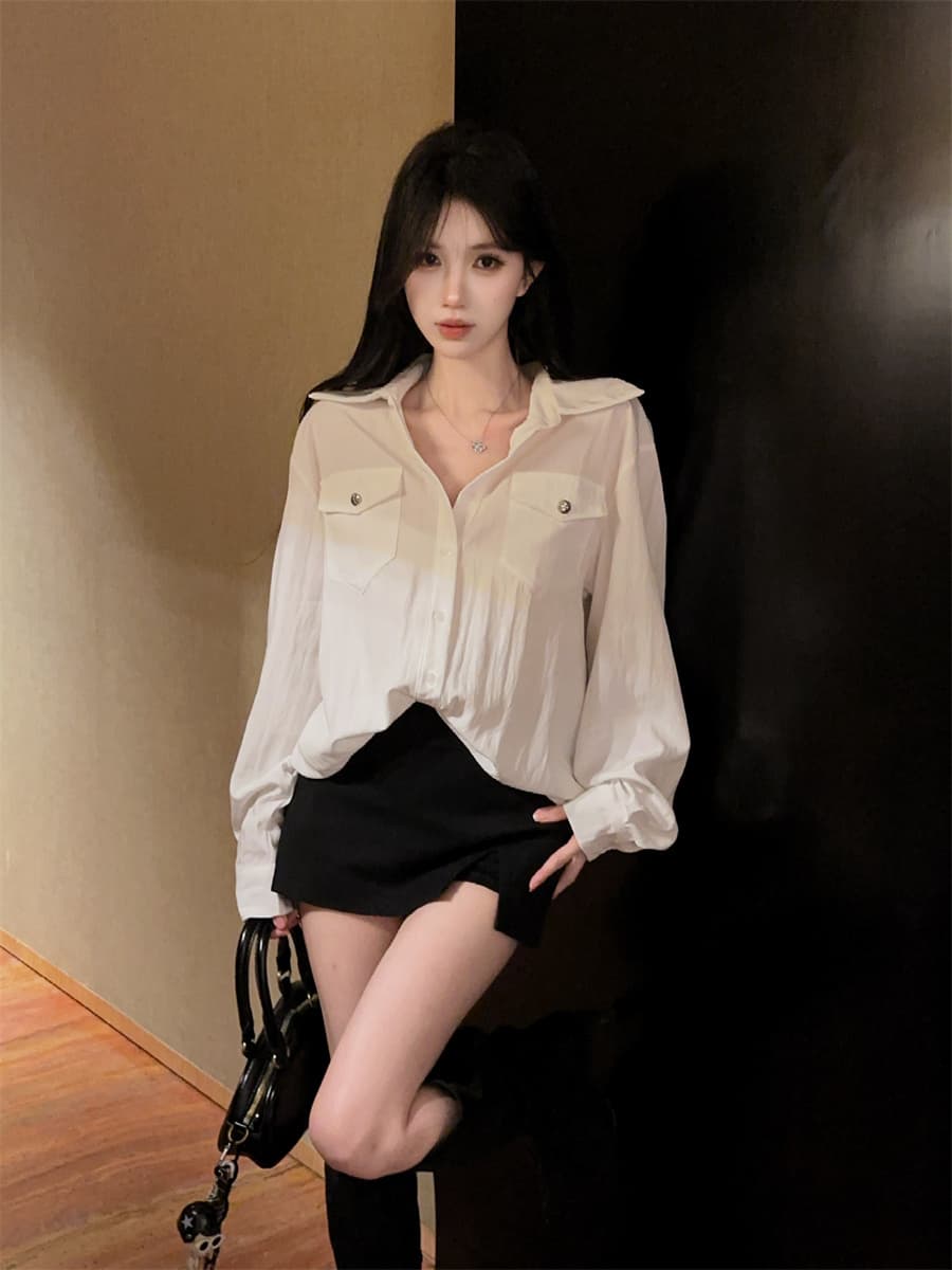 실사 정가 순수한 욕망 더블 주머니 패션 품격 POLO 칼라 주간 실크 코튼 루즈핏 다용도 셔츠 여성 상세 이미지 4