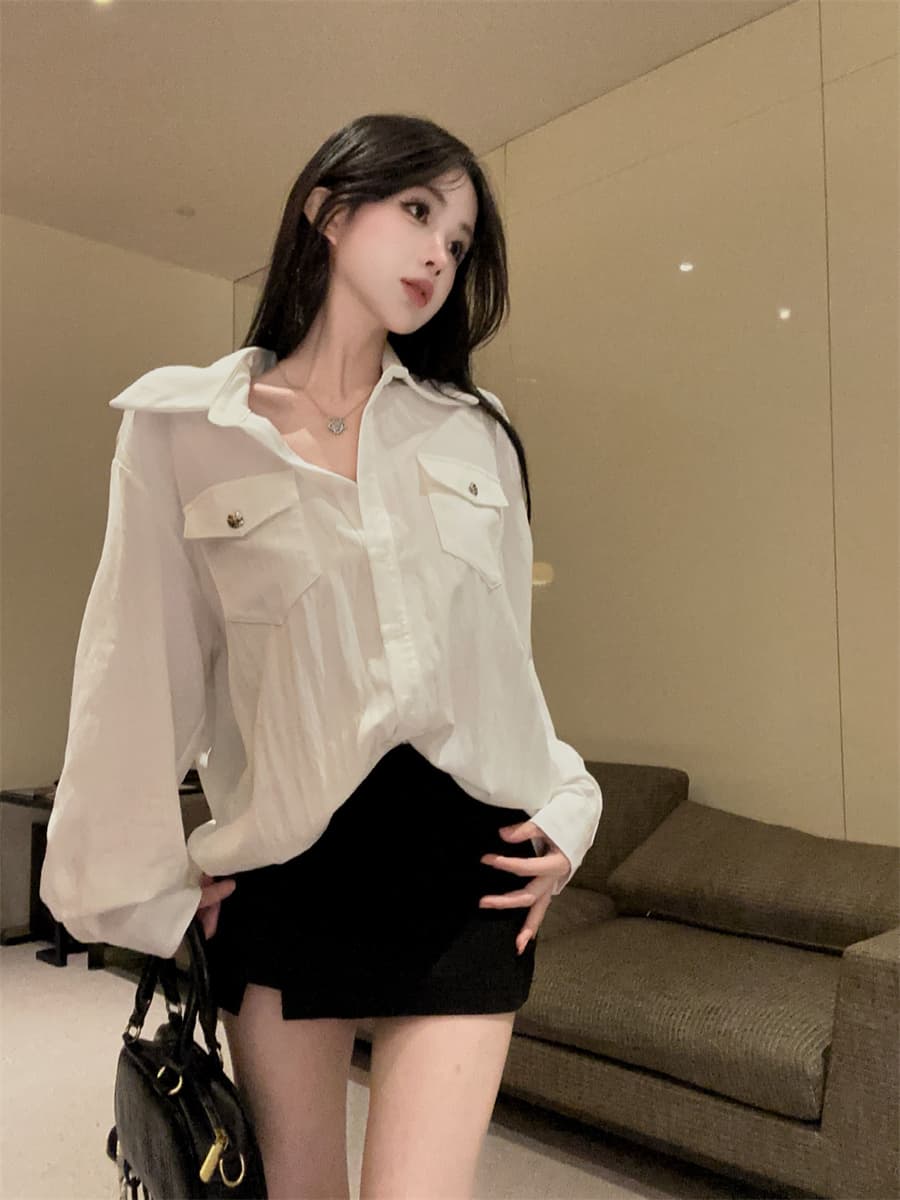 실사 정가 순수한 욕망 더블 주머니 패션 품격 POLO 칼라 주간 실크 코튼 루즈핏 다용도 셔츠 여성 상세 이미지 5