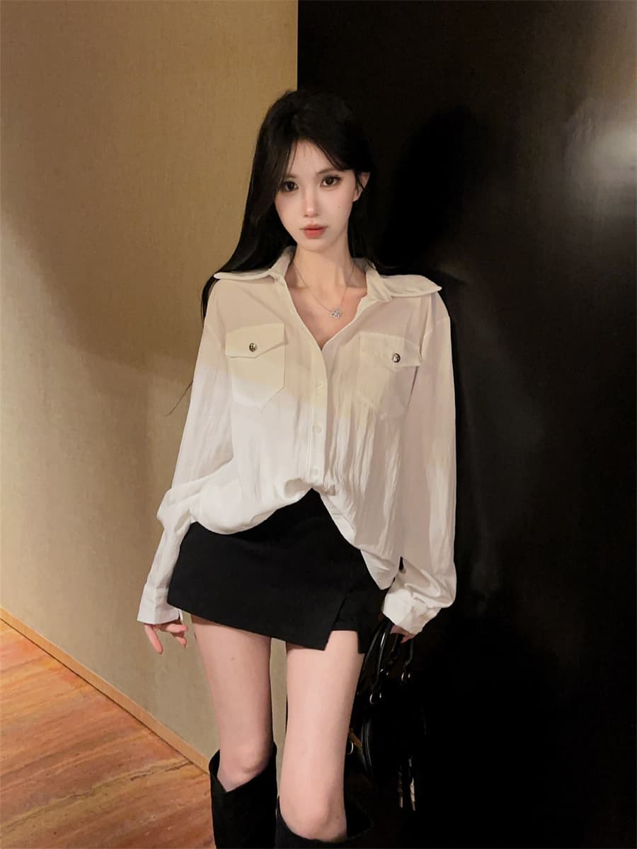 실사 정가 순수한 욕망 더블 주머니 패션 품격 POLO 칼라 주간 실크 코튼 루즈핏 다용도 셔츠 여성 상세 이미지 6
