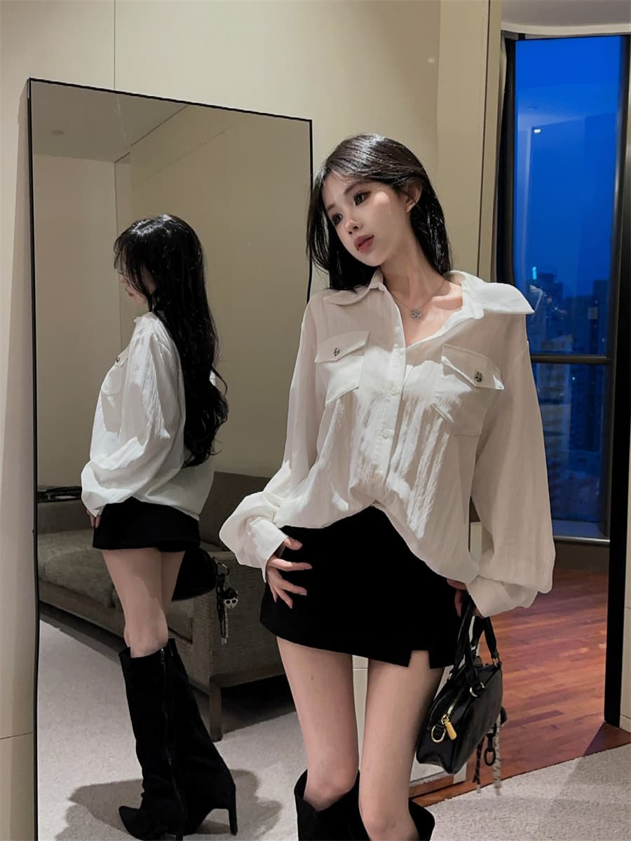 실사 정가 순수한 욕망 더블 주머니 패션 품격 POLO 칼라 주간 실크 코튼 루즈핏 다용도 셔츠 여성 상세 이미지 7