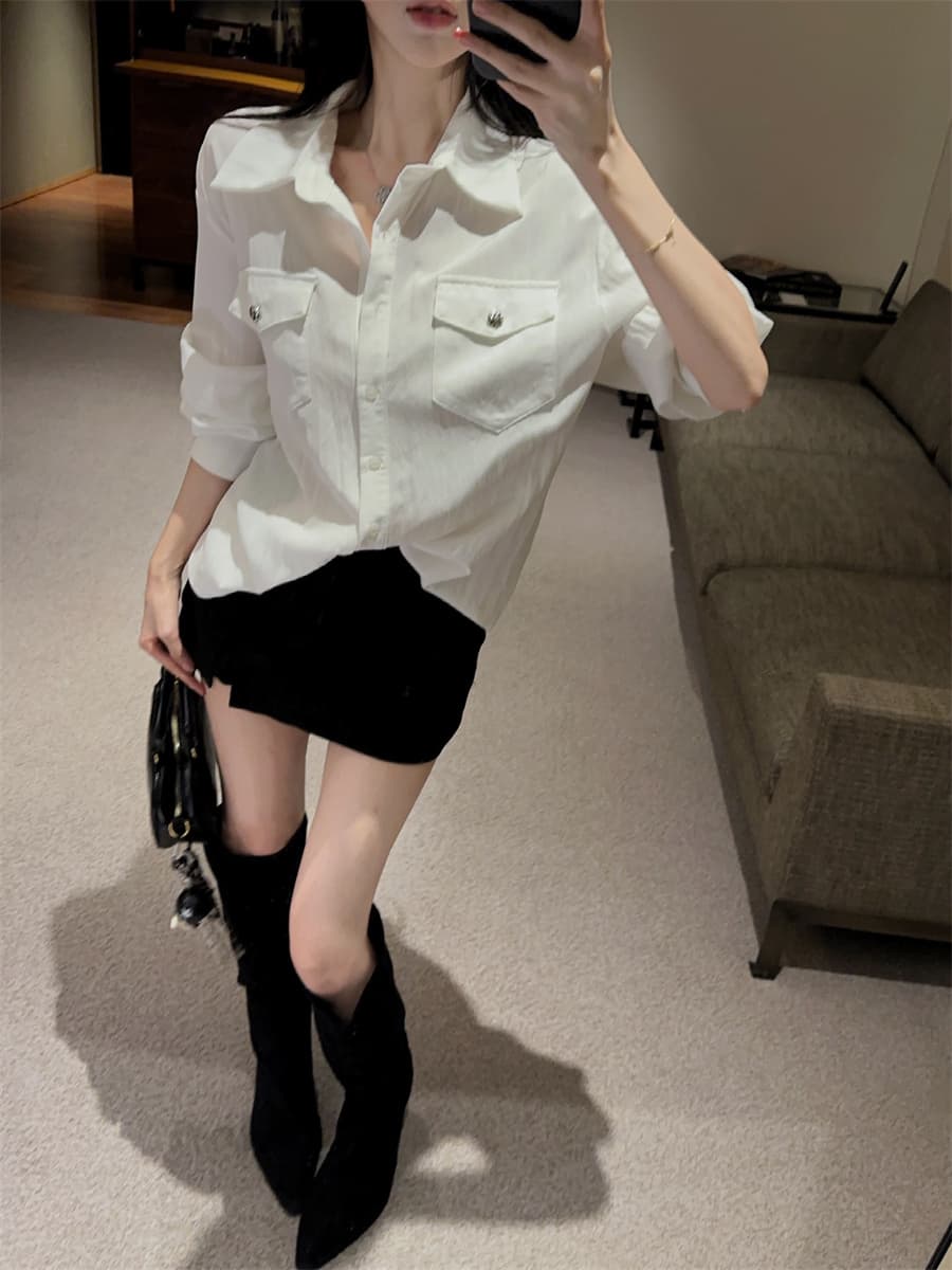 실사 정가 순수한 욕망 더블 주머니 패션 품격 POLO 칼라 주간 실크 코튼 루즈핏 다용도 셔츠 여성 상세 이미지 8