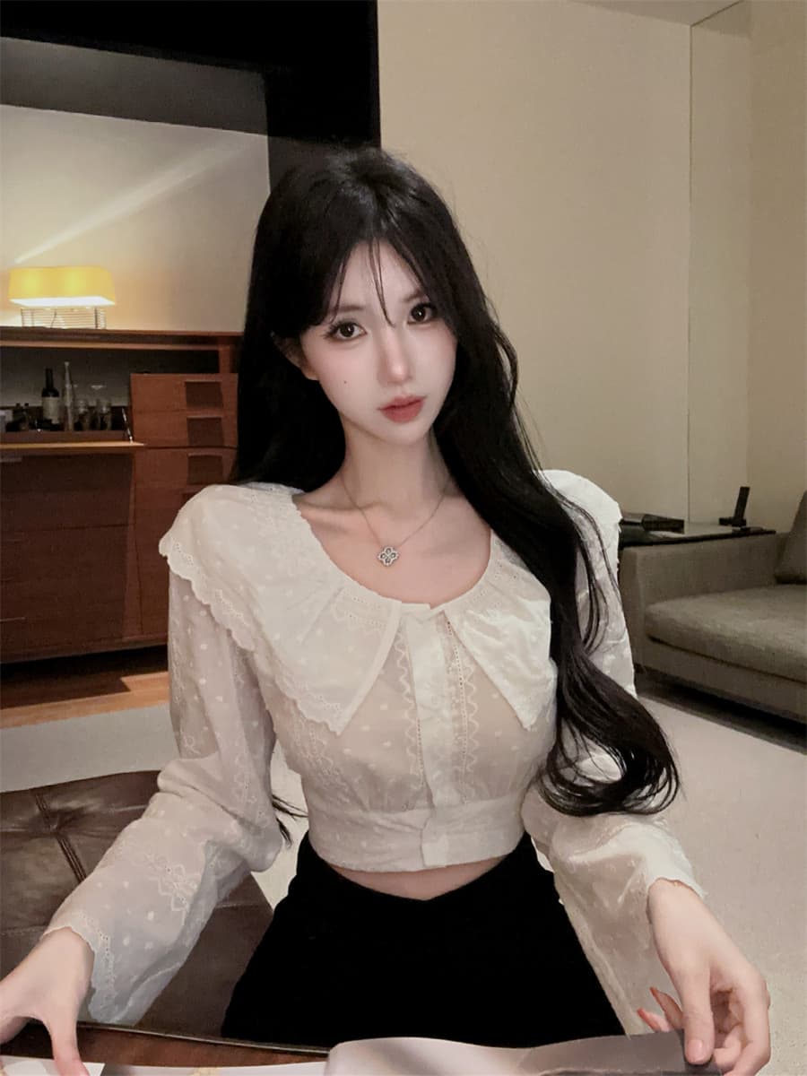 실사 정가 한 부서 순수한 욕망 화이트 베이비 칼라 프릴 자수 거품 소매 연령 감소 쇼트 스타일 셔츠 여성 상세 이미지 1