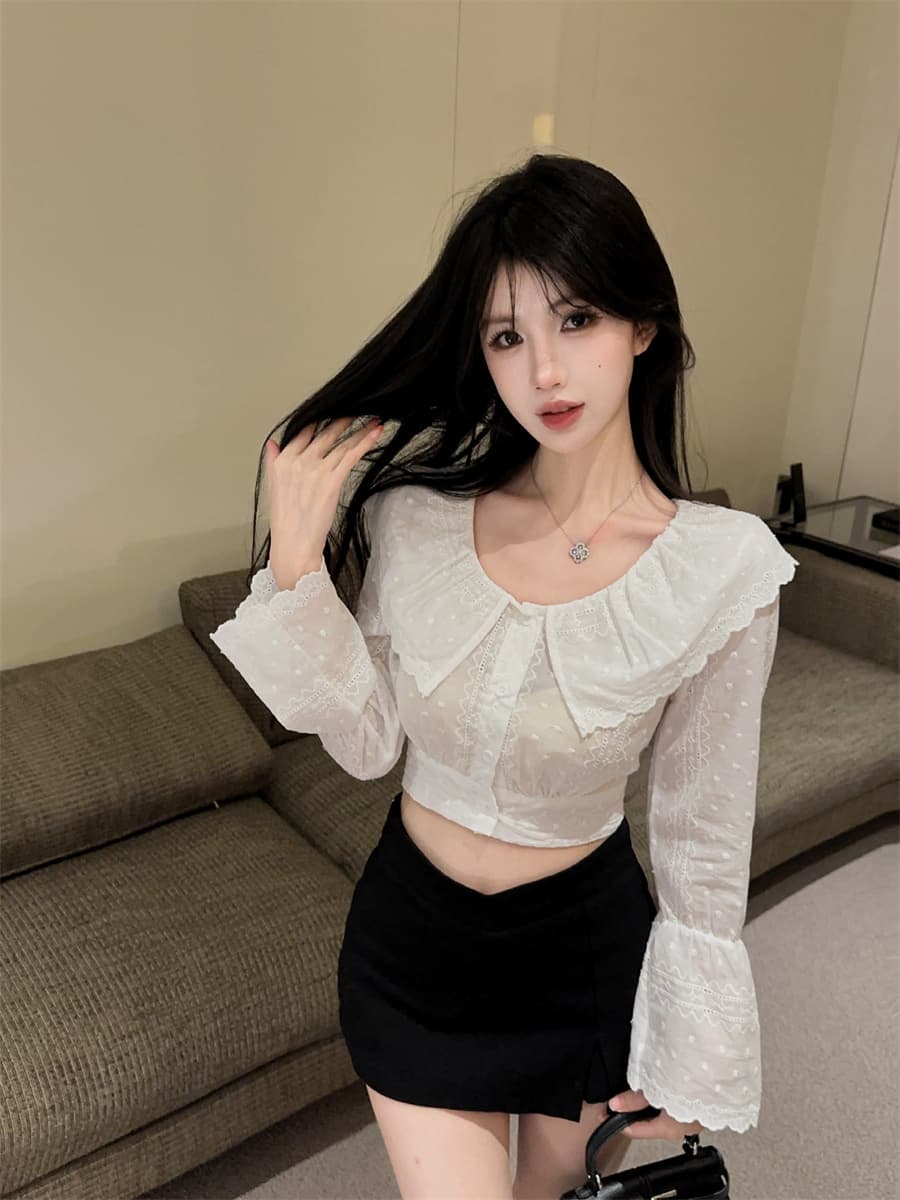 실사 정가 한 부서 순수한 욕망 화이트 베이비 칼라 프릴 자수 거품 소매 연령 감소 쇼트 스타일 셔츠 여성 상세 이미지 2