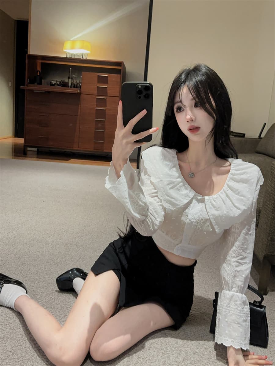 실사 정가 한 부서 순수한 욕망 화이트 베이비 칼라 프릴 자수 거품 소매 연령 감소 쇼트 스타일 셔츠 여성 상세 이미지 3
