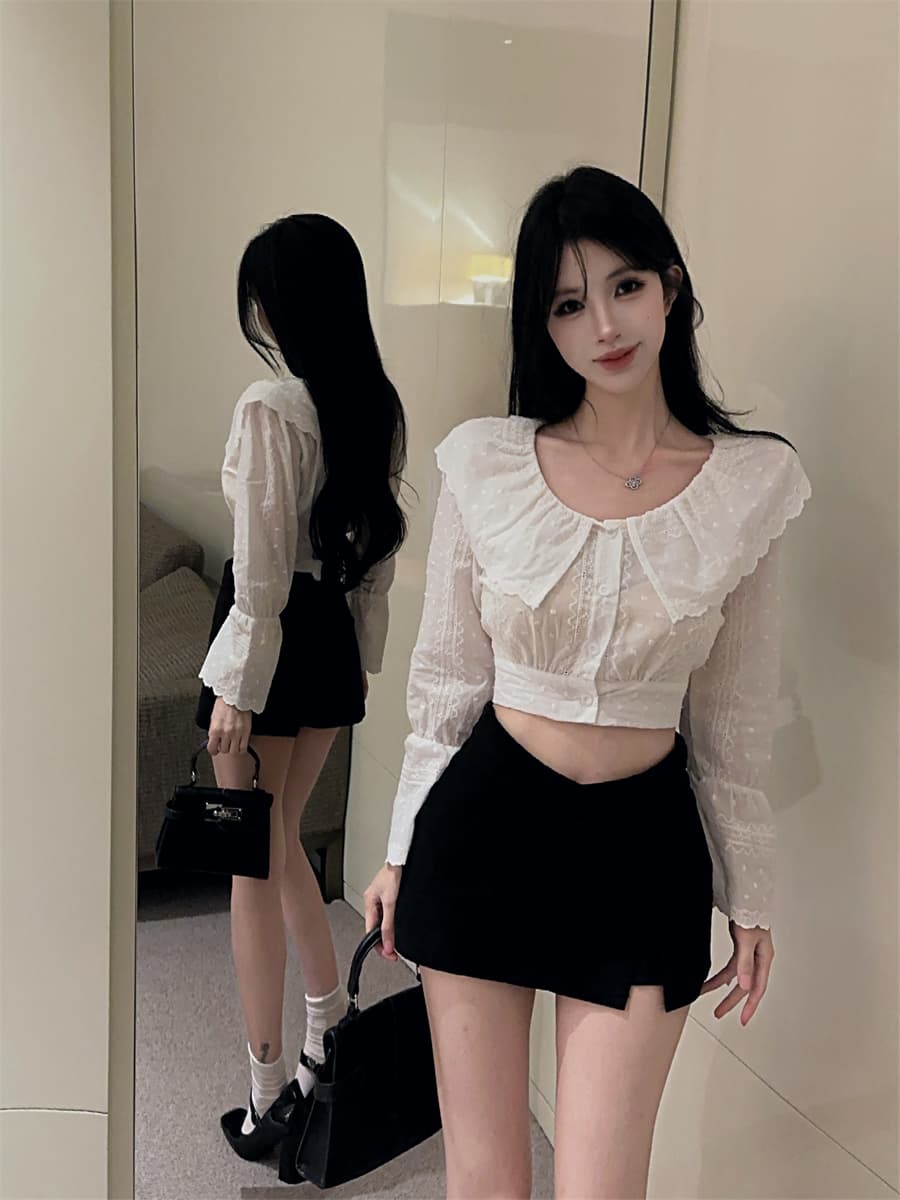 실사 정가 한 부서 순수한 욕망 화이트 베이비 칼라 프릴 자수 거품 소매 연령 감소 쇼트 스타일 셔츠 여성 상세 이미지 5