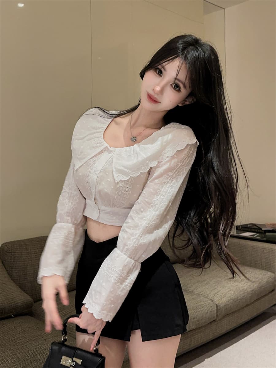 실사 정가 한 부서 순수한 욕망 화이트 베이비 칼라 프릴 자수 거품 소매 연령 감소 쇼트 스타일 셔츠 여성 상세 이미지 6