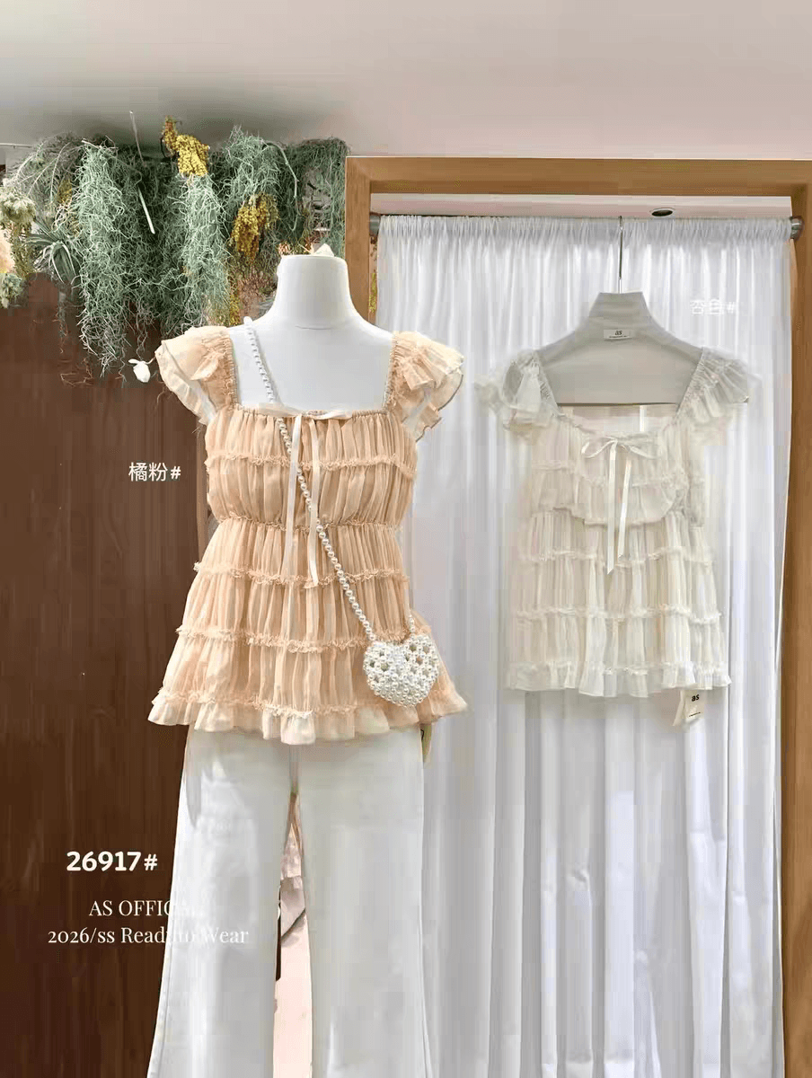 달콤한 스타일 살구 색상 작은 날다 소매 레이스 셔츠 여성 의류 봄 Chic 연령 감소 루즈핏 슬림해 보이는 맨위 상세 이미지 1