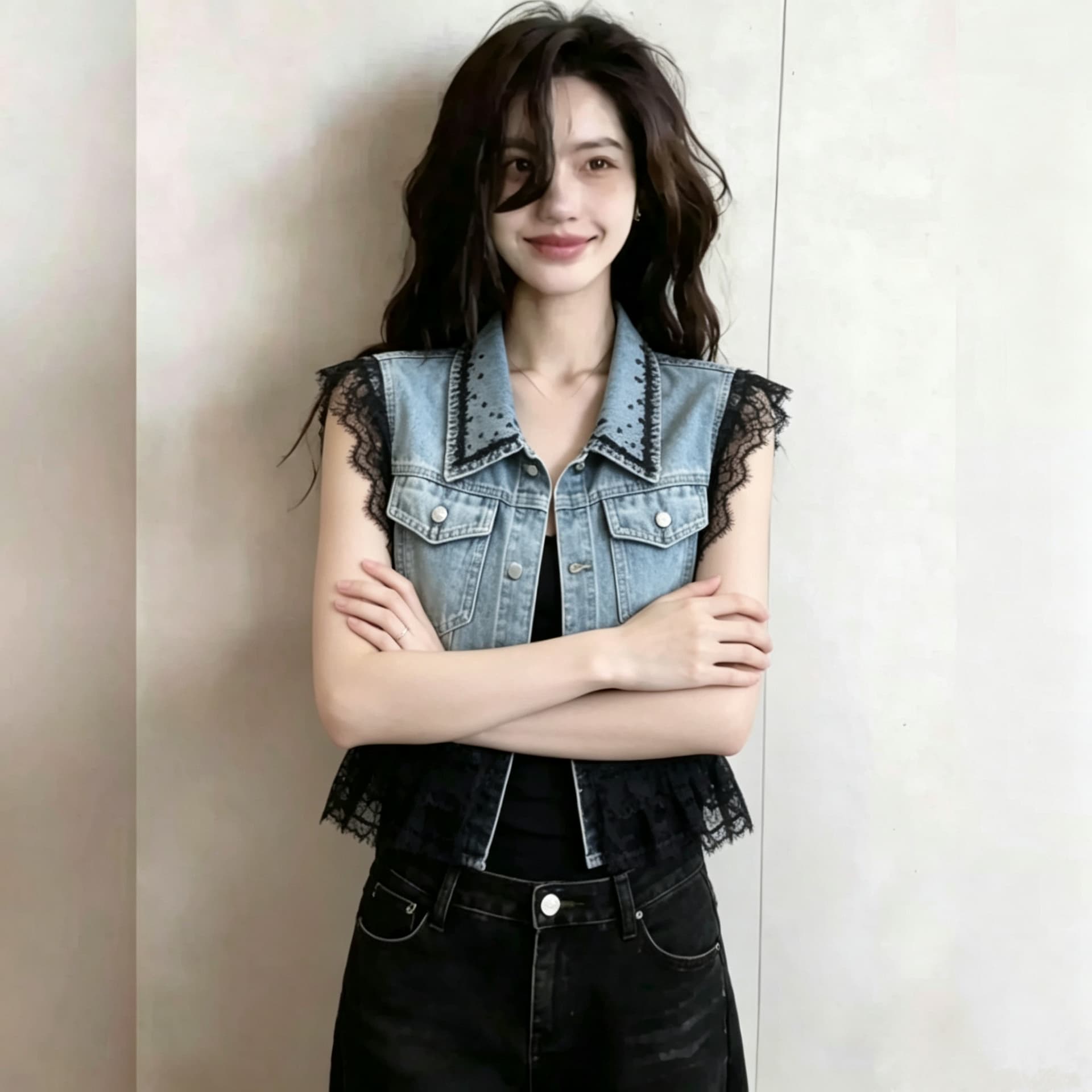 무거운 작업 레이스 레이스 데님 조끼 여자 비즈 박기 폴로 칼라 슬림해 보이는 연령 감소 쇼트 스타일 조끼 자켓 상세 이미지 3
