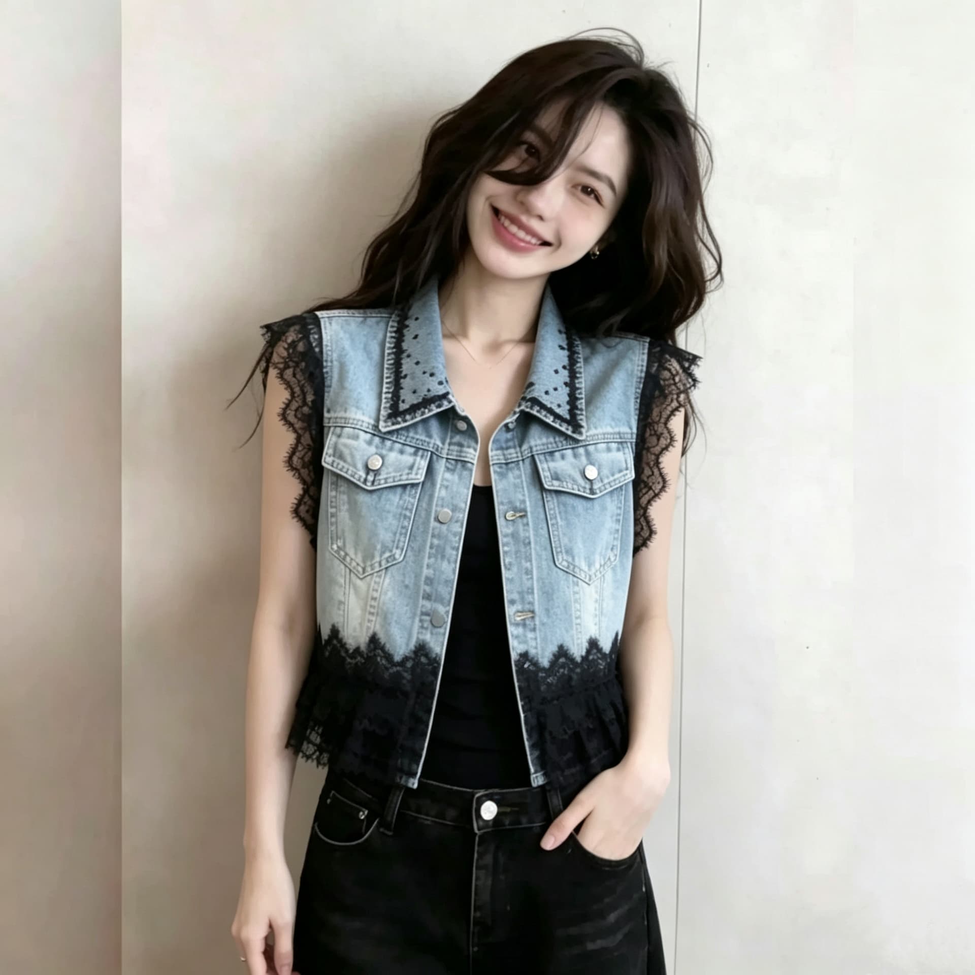 무거운 작업 레이스 레이스 데님 조끼 여자 비즈 박기 폴로 칼라 슬림해 보이는 연령 감소 쇼트 스타일 조끼 자켓 상세 이미지 5