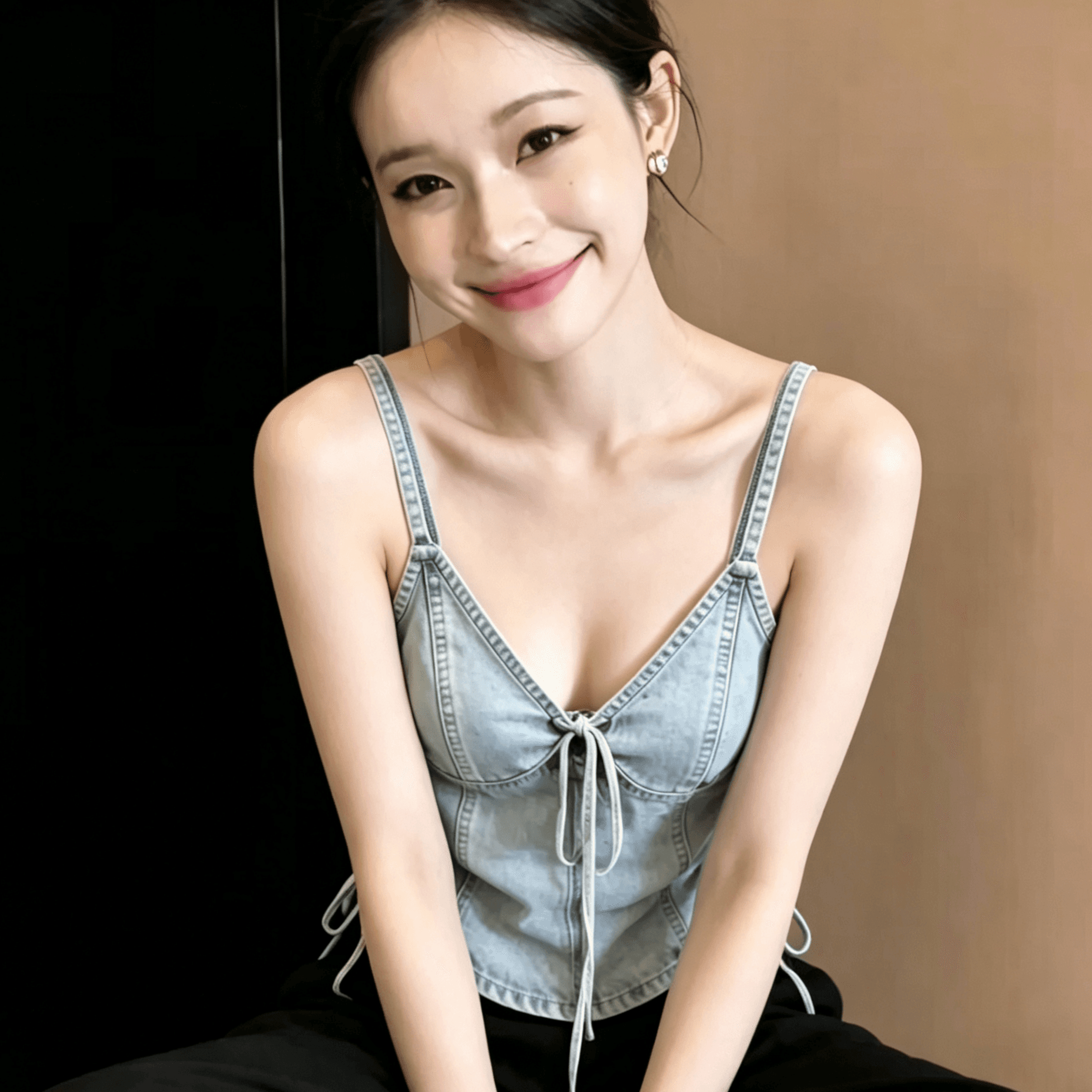 하늘색 데님 슬립 맨위 여성 2026 봄 품격 고급 센스 세련된 외국 가스 자이언트 잘 생긴 레이스업 조끼 상세 이미지 4