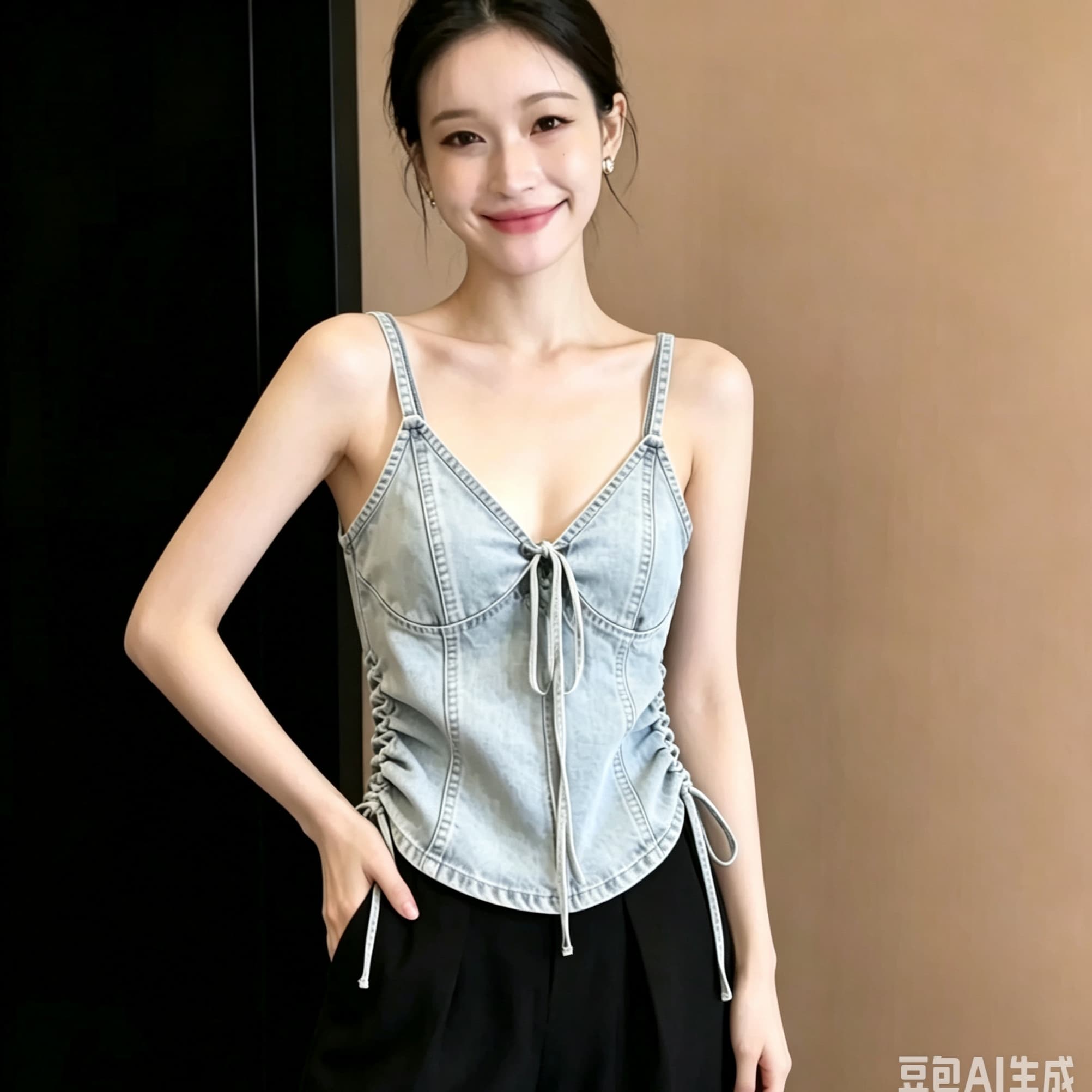 하늘색 데님 슬립 맨위 여성 2026 봄 품격 고급 센스 세련된 외국 가스 자이언트 잘 생긴 레이스업 조끼 상세 이미지 6