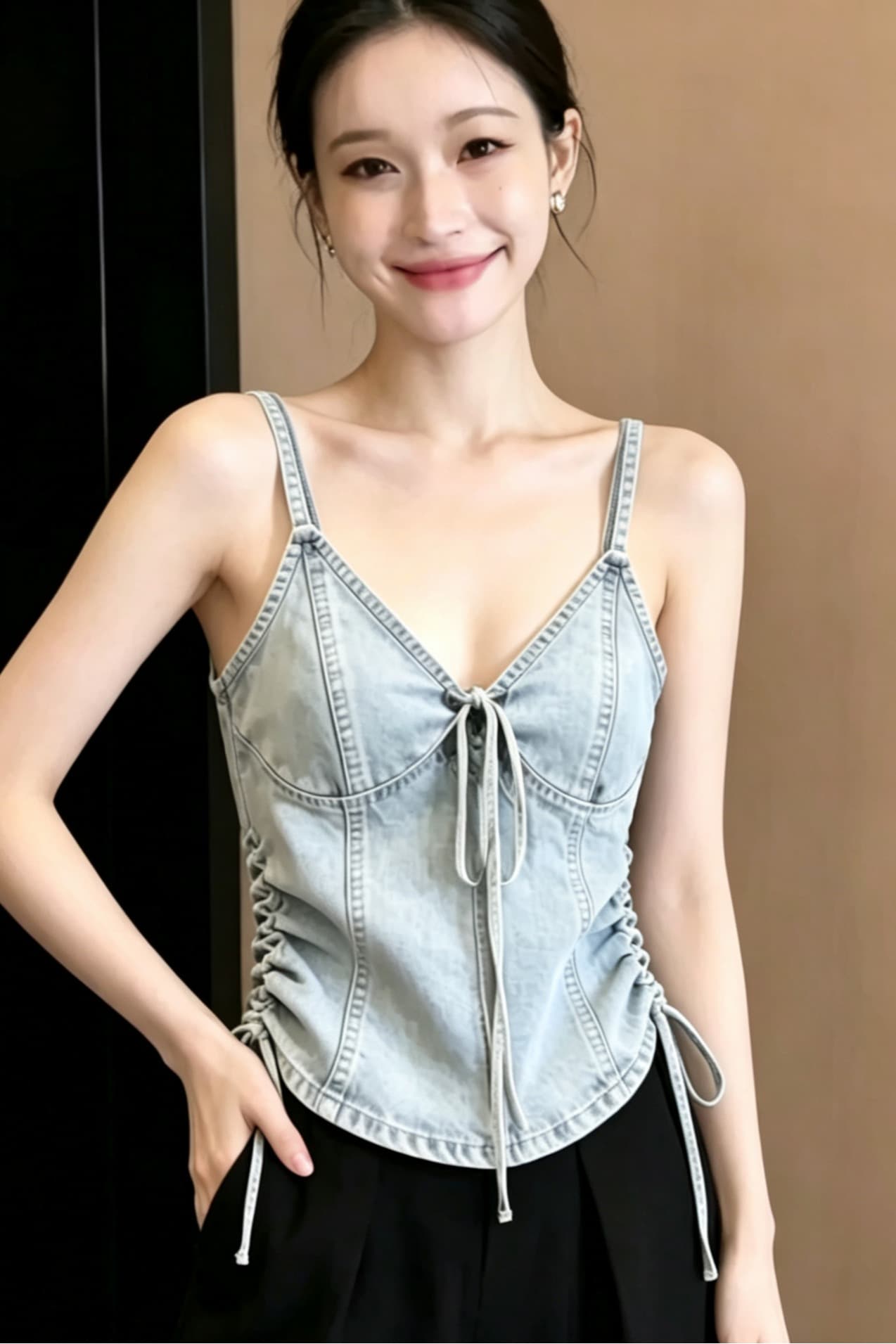 하늘색 데님 슬립 맨위 여성 2026 봄 품격 고급 센스 세련된 외국 가스 자이언트 잘 생긴 레이스업 조끼 이미지 6