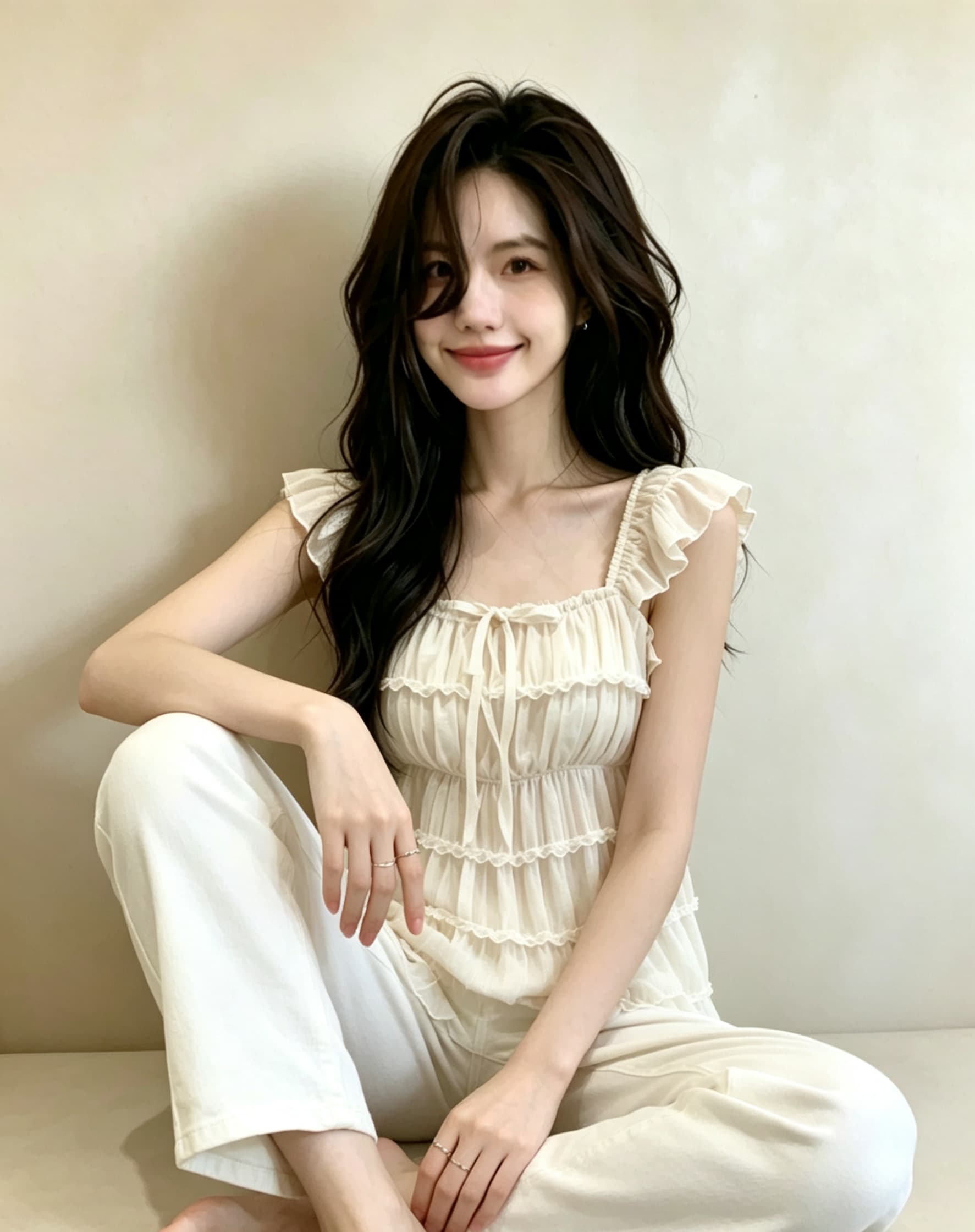 여름 휴가 바람 주황색 레이스 조각 주름 디자인 센스 광장 칼라 맨위 부드러운 분위기 센스 디스플레이 화이트 이미지 4