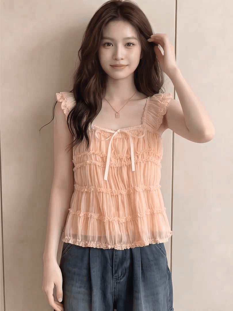 여름 휴가 바람 주황색 레이스 조각 주름 디자인 센스 광장 칼라 맨위 부드러운 분위기 센스 디스플레이 화이트 상세 이미지 4