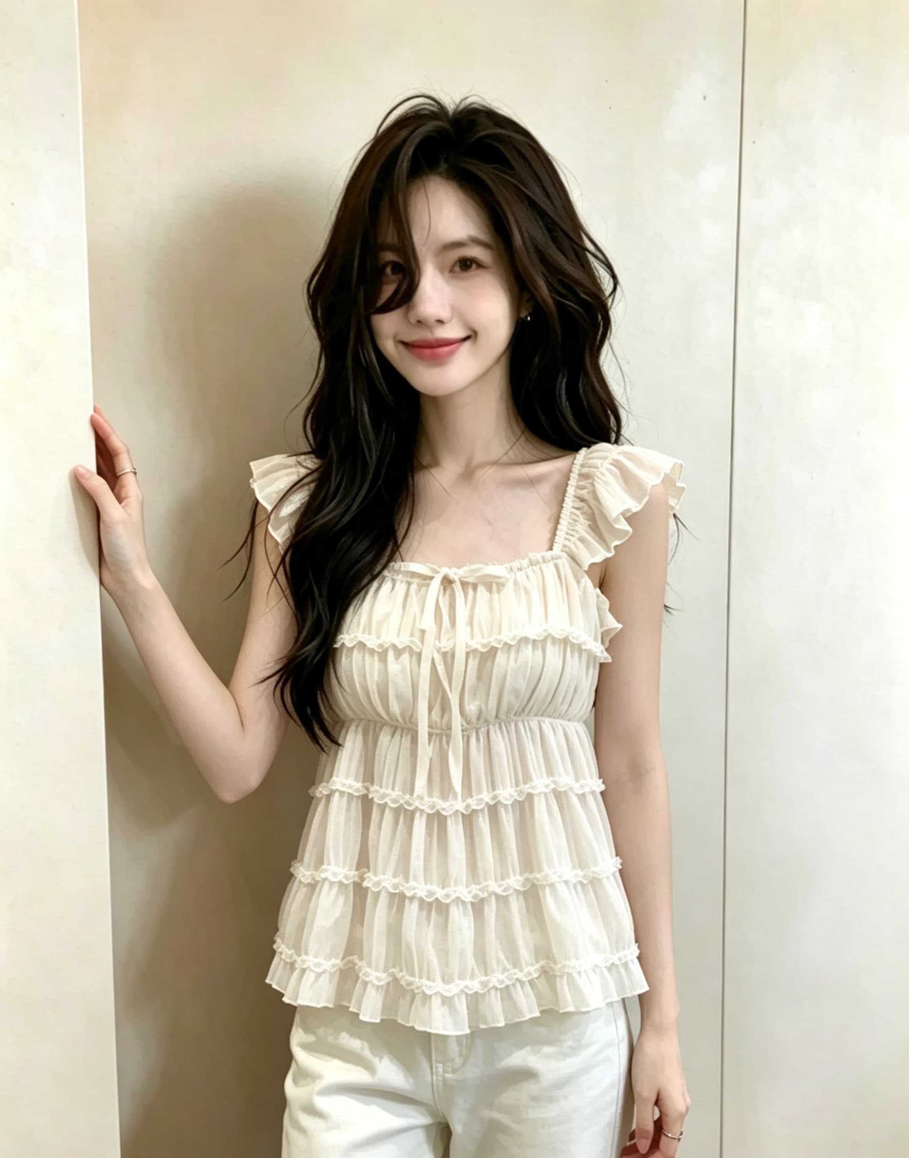여름 휴가 바람 주황색 레이스 조각 주름 디자인 센스 광장 칼라 맨위 부드러운 분위기 센스 디스플레이 화이트 상세 이미지 5
