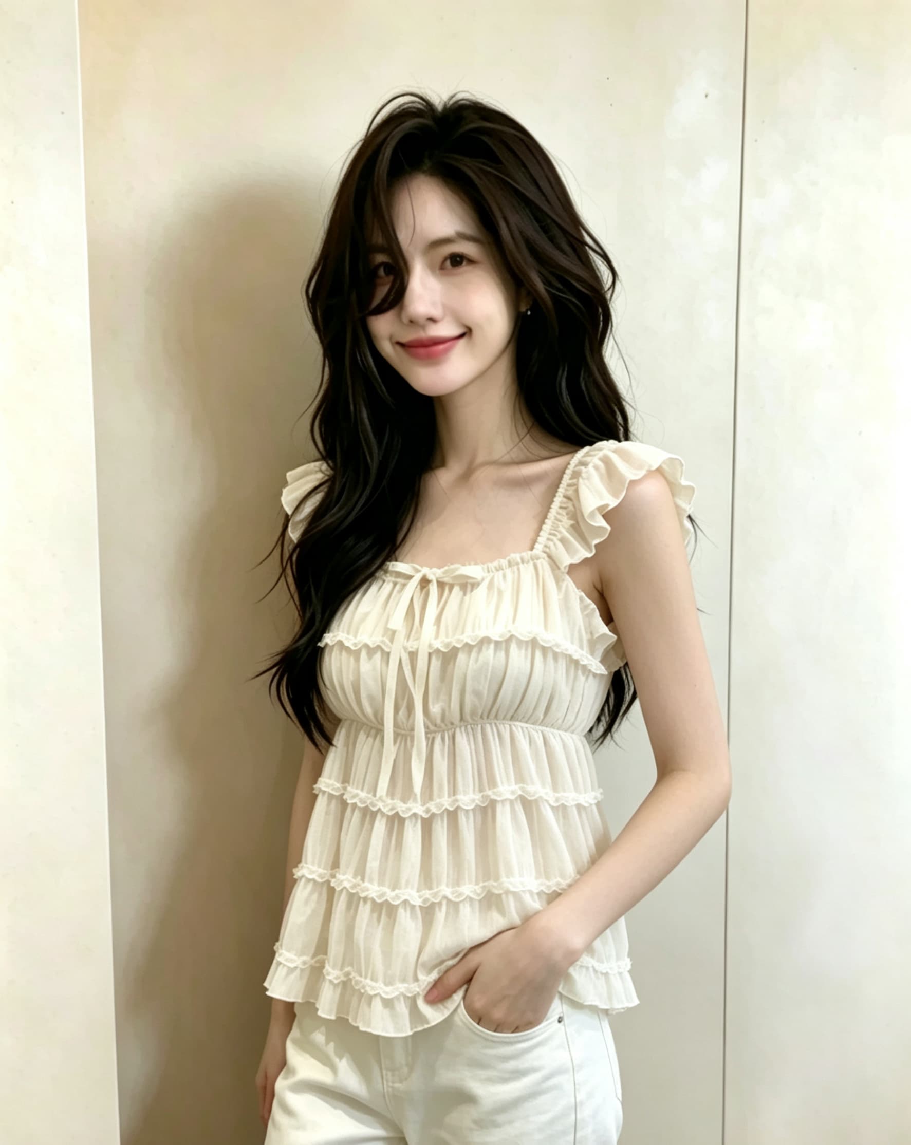 여름 휴가 바람 주황색 레이스 조각 주름 디자인 센스 광장 칼라 맨위 부드러운 분위기 센스 디스플레이 화이트 상세 이미지 7