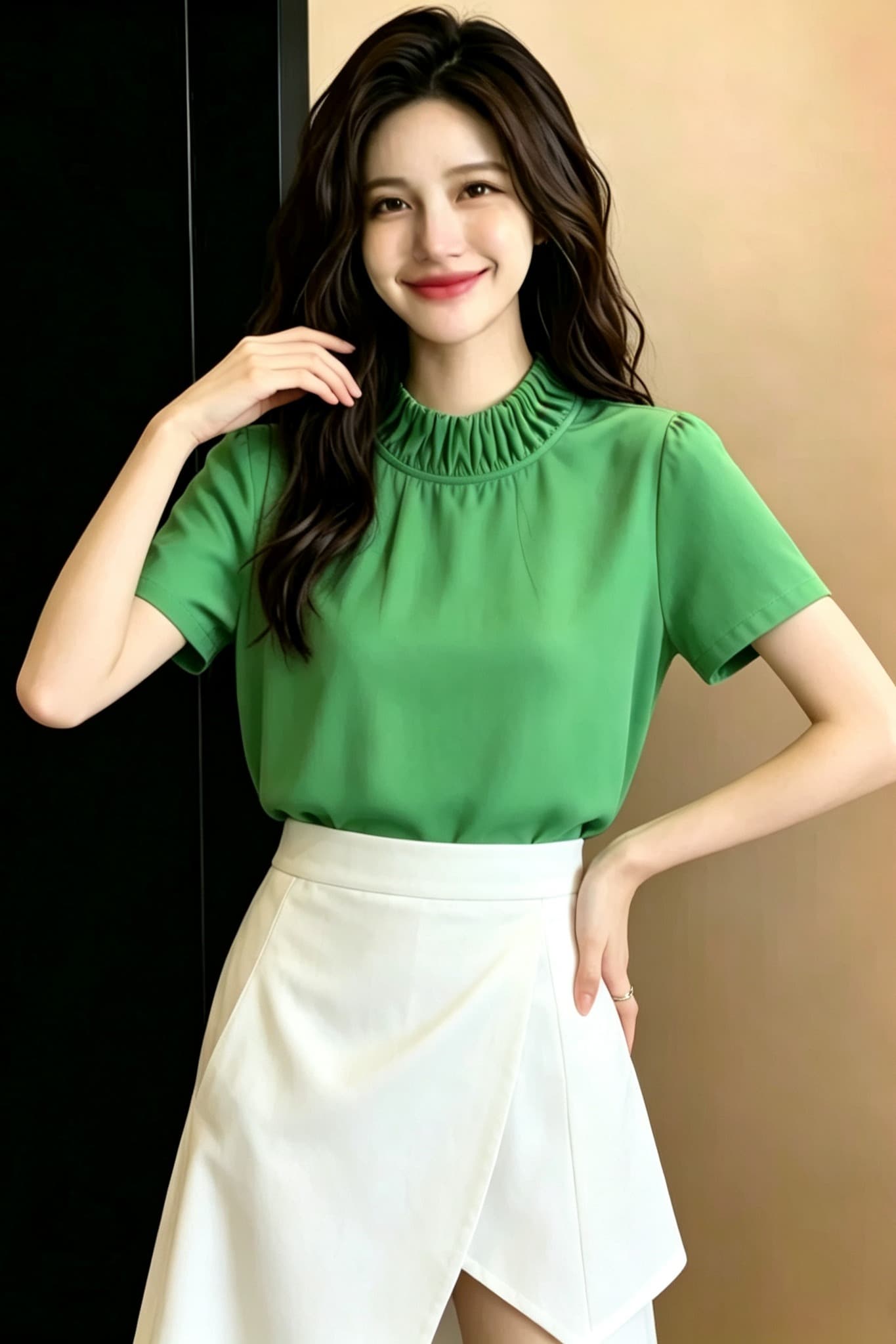 여름 얇은 스타일 녹색 쉬폰 톱 반하이넥 주름 디자인 마이크로 지방 슬림해 보이는 표지 고기 반팔 셔츠 이미지 6