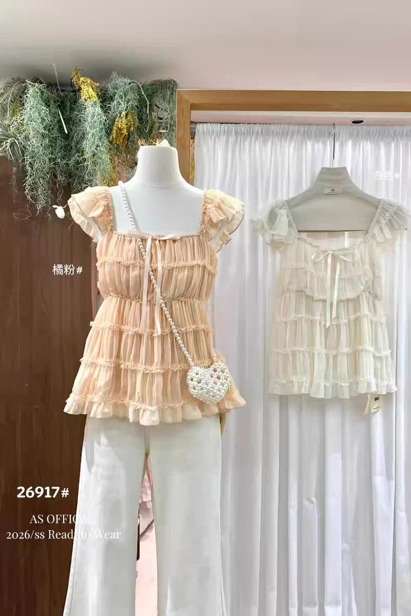 달콤한 스타일 살구 색상 작은 날다 소매 레이스 셔츠 여성 의류 봄 Chic 연령 감소 루즈핏 슬림해 보이는 맨위 이미지 6