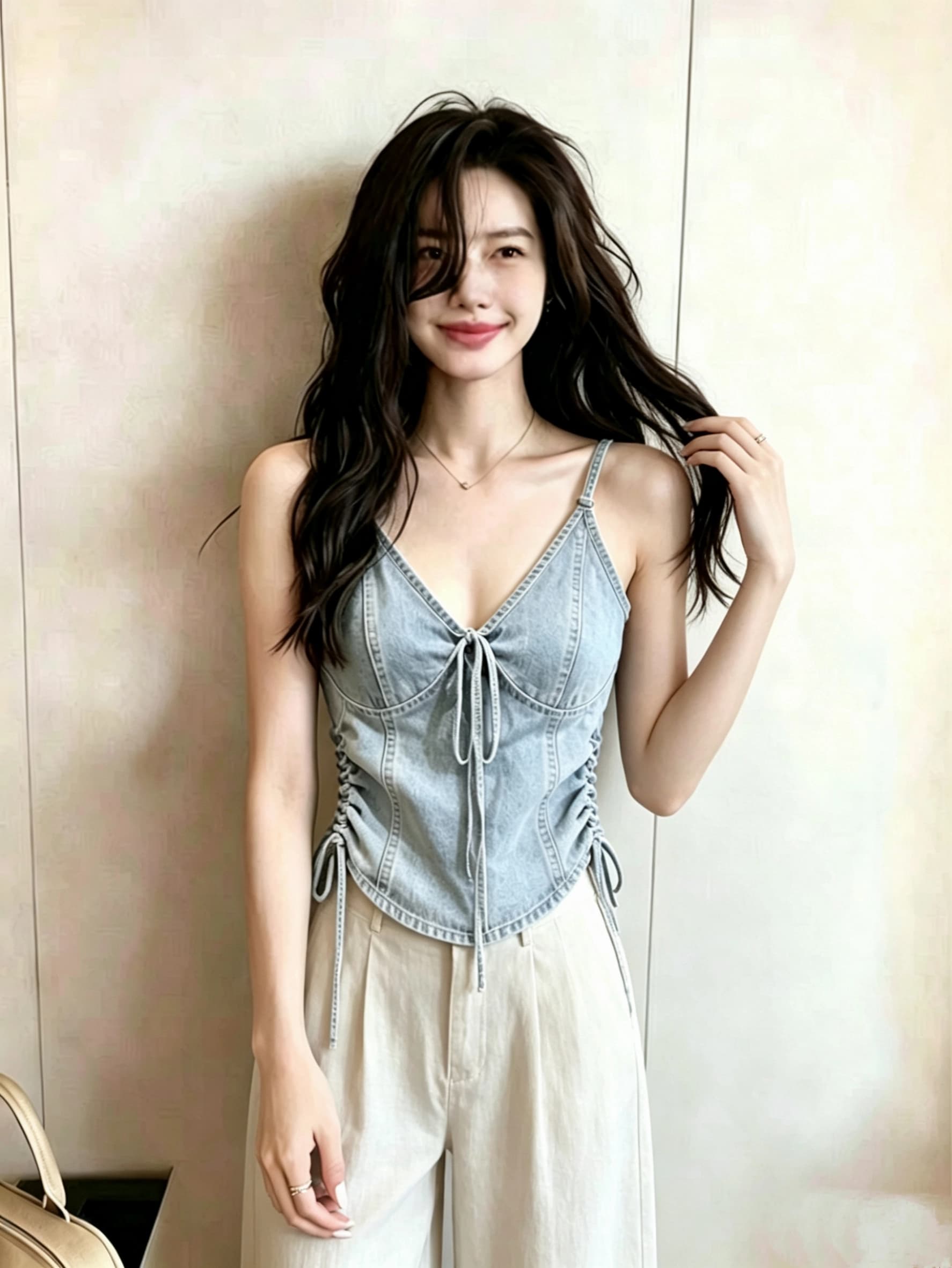 달콤한 차가운 바람 긍정적 인 어깨 반팔 티셔츠 여성 2026 여름 새로운 핫걸 데님 캐미솔 그레이트 봐 의류 상세 이미지 3