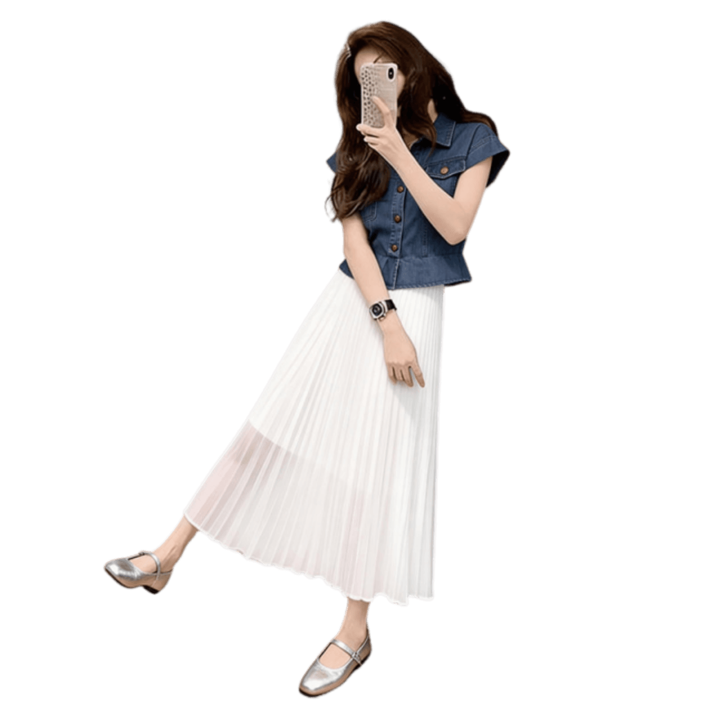 여름 작은 키 데님 반팔 세트 여성 허리 수축 쇼트 스타일 폴로 칼라 베스트 맨위 화이트 플리츠 반신 롱 스커트 이미지 5