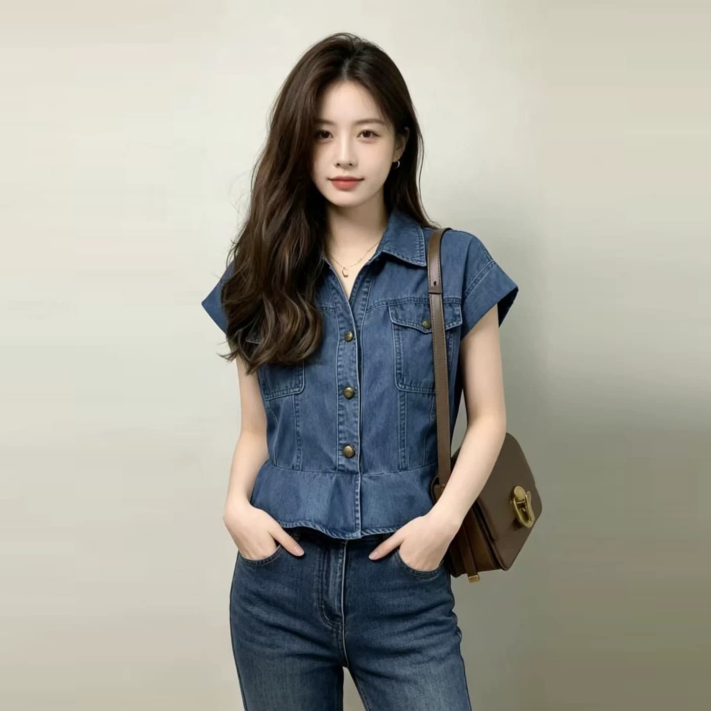 프릴 데님 여성 셔츠 여름 얇은 스타일 패션 품격 허리 수축 슬림해 보이는 쇼트 스타일 폴로 칼라 셔츠 맨위 작은 셔츠 이미지 4