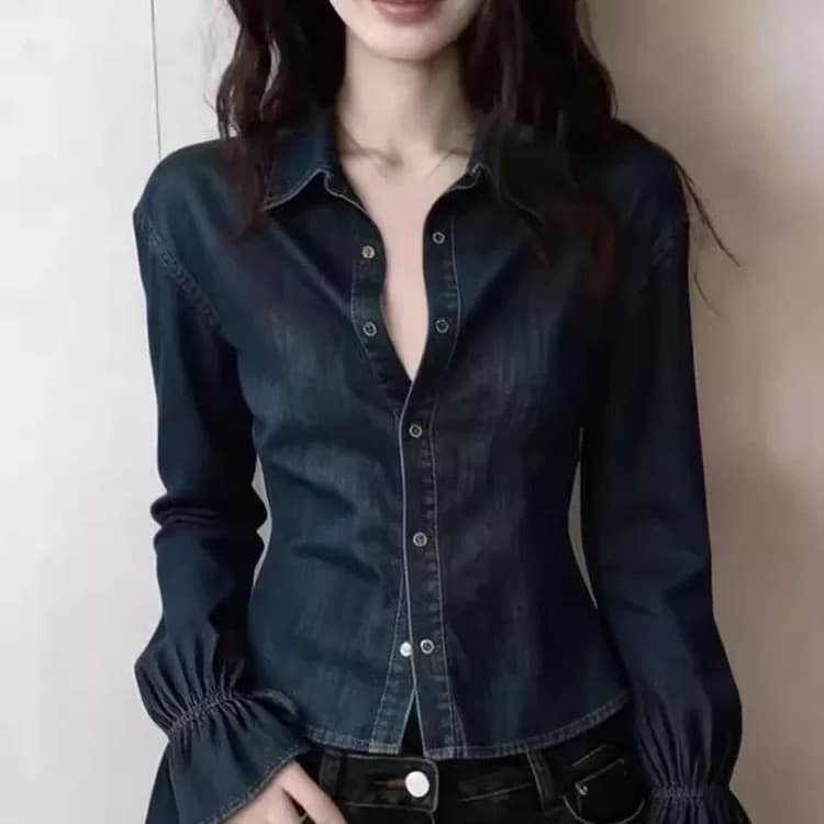 캐주얼 데님 블루 긴팔 여성 셔츠 2026 봄 새로운 허리 수축 몸매 가꾸기 일상 출퇴근 바람 맨위 슈퍼 잘 생긴 상세 이미지 2