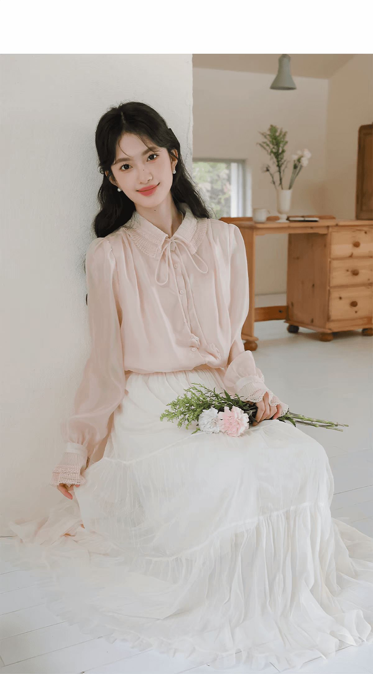 뮤 토끼 프랑스식 품격 거품 소매 쉬폰 여성 셔츠 2026 가을 새로운 슈퍼 잘 생긴 절묘한 핑크색 긍정적 인 어깨 의류 이미지 3