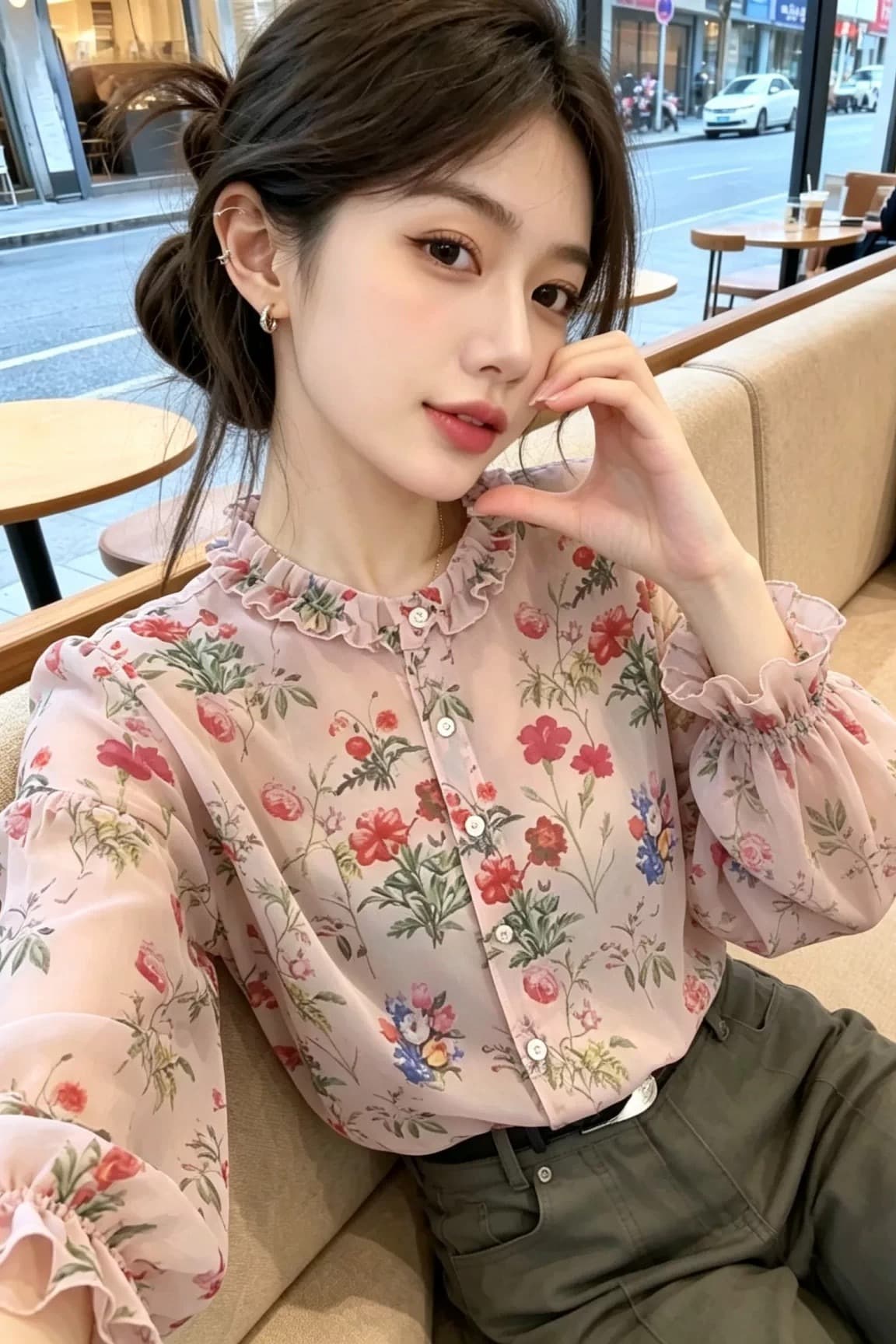 이른 가을 프랑스식 꽃무늬 전원 바람 싱글 줄 버튼 긴팔 얇은 스타일 프릴 칼라 고급 품격 마이크로 ~을 통해 피부 맨위 여성 이미지 6